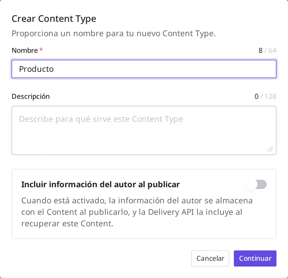 Pantalla con el nombre "Producto" introducido en el modal de creación de Content Type