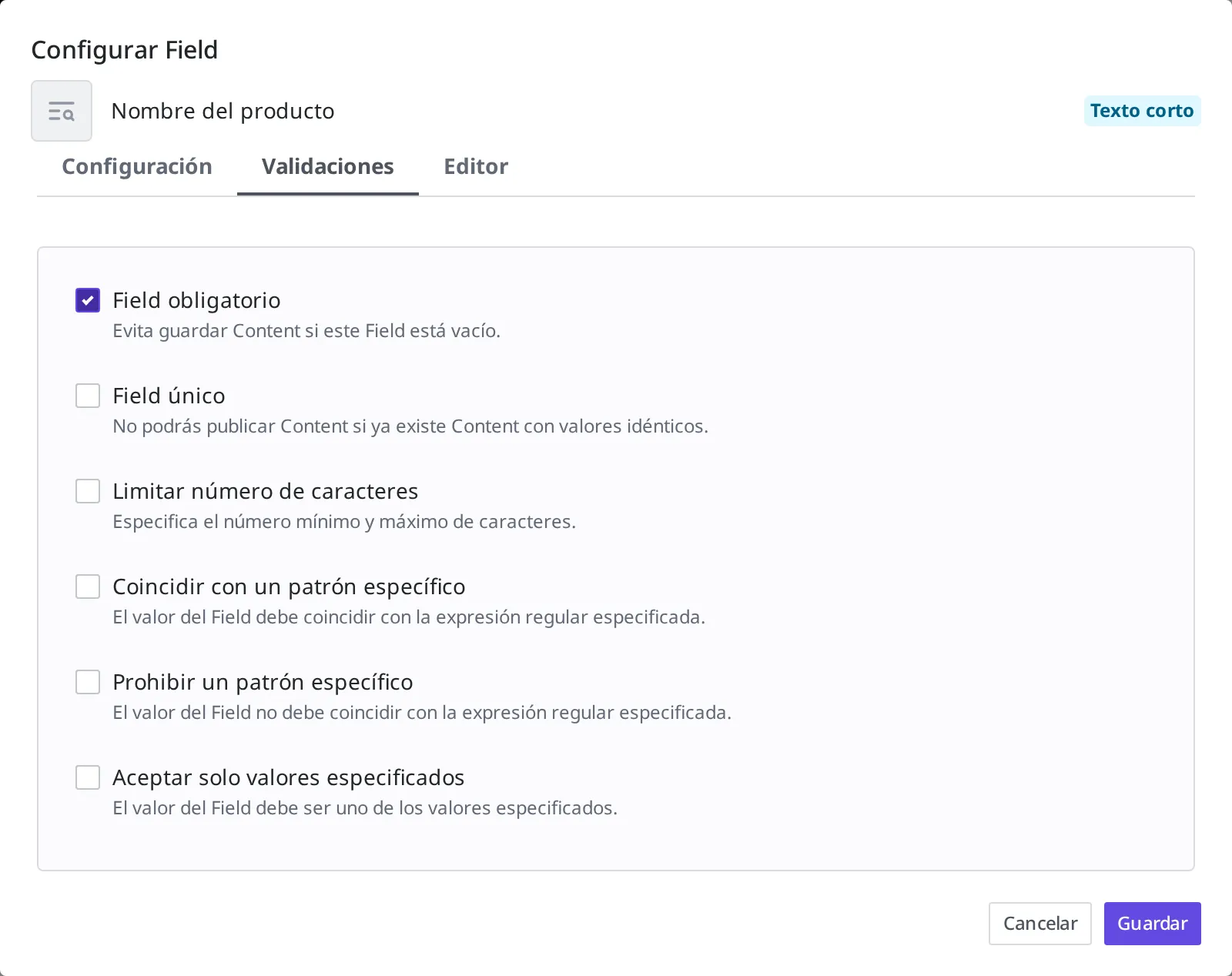Pantalla con "Field obligatorio" activado en la pestaña de validación de la configuración detallada del Field