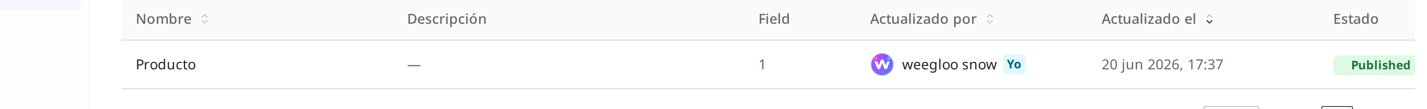 Pantalla en la que se ve "Producto" en la lista de Content Type
