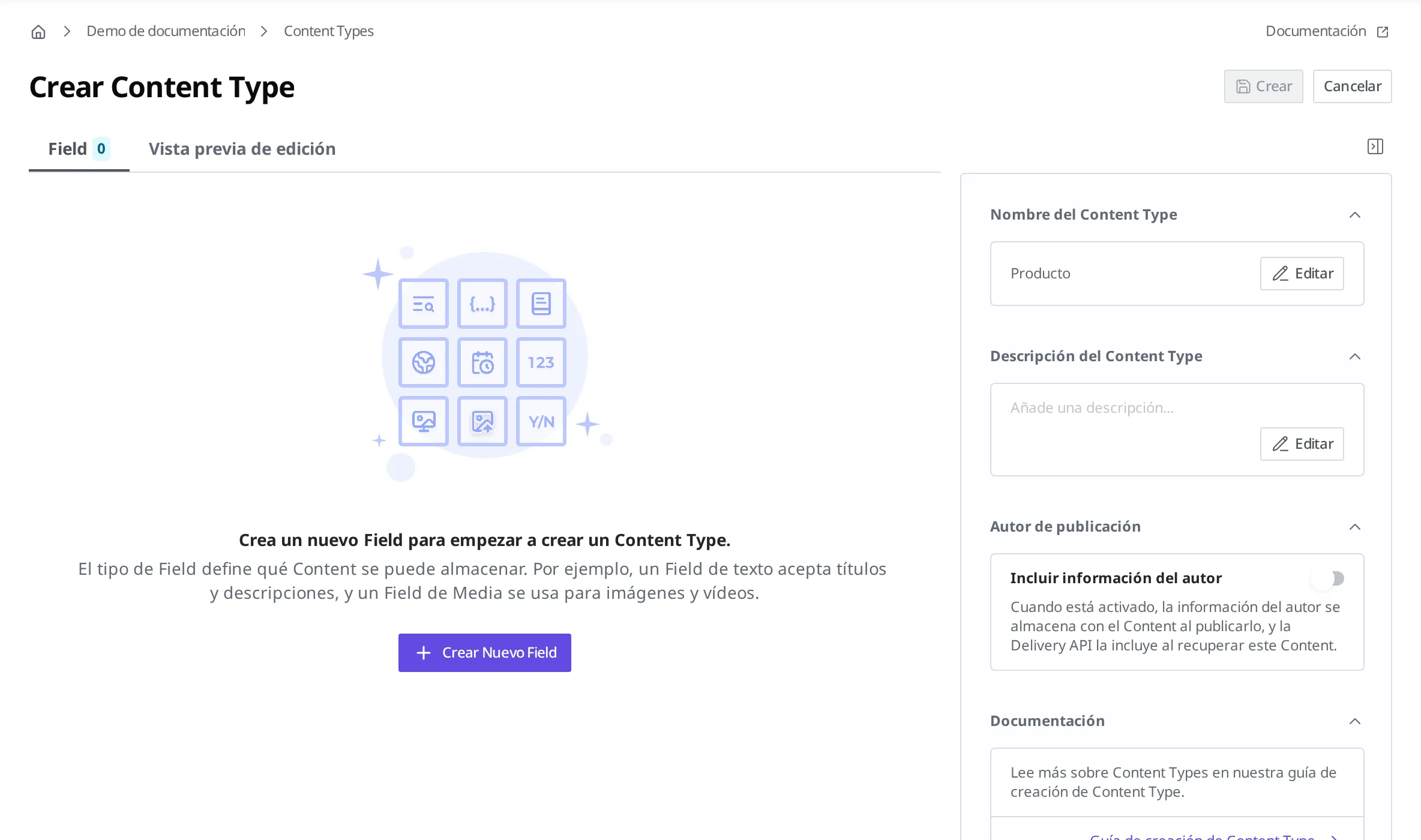 Pantalla del editor de Content Type vacío, todavía sin ningún Field nuevo. En el centro hay un botón "Crear Nuevo Field"