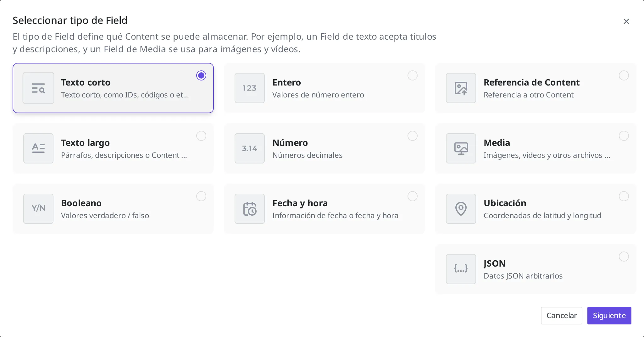 Pantalla de selección del tipo de Field. La tarjeta Texto corto está seleccionada y en la parte inferior derecha hay un botón "Siguiente"