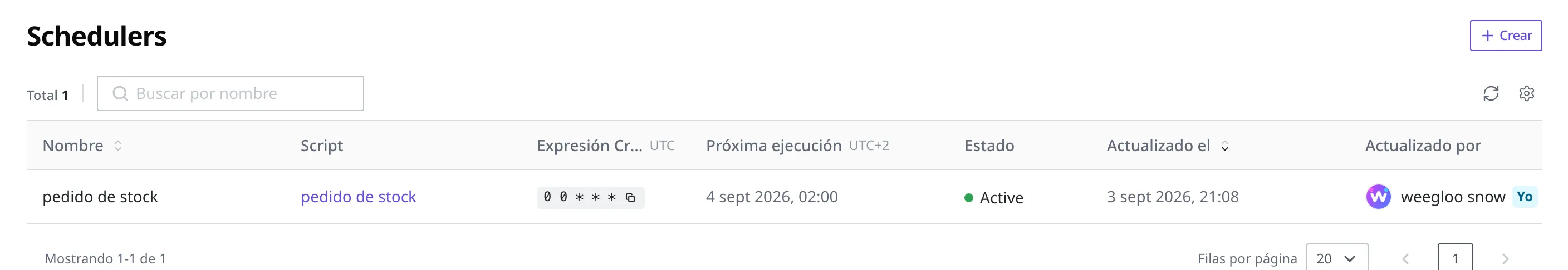 Pantalla de la lista de Scheduler. «pedido de stock» aparece en una fila con el nombre, el Script, la expresión cron, la próxima ejecución y el estado Active. En la cabecera de la casilla del cron figura UTC y en la de la próxima ejecución, UTC±N