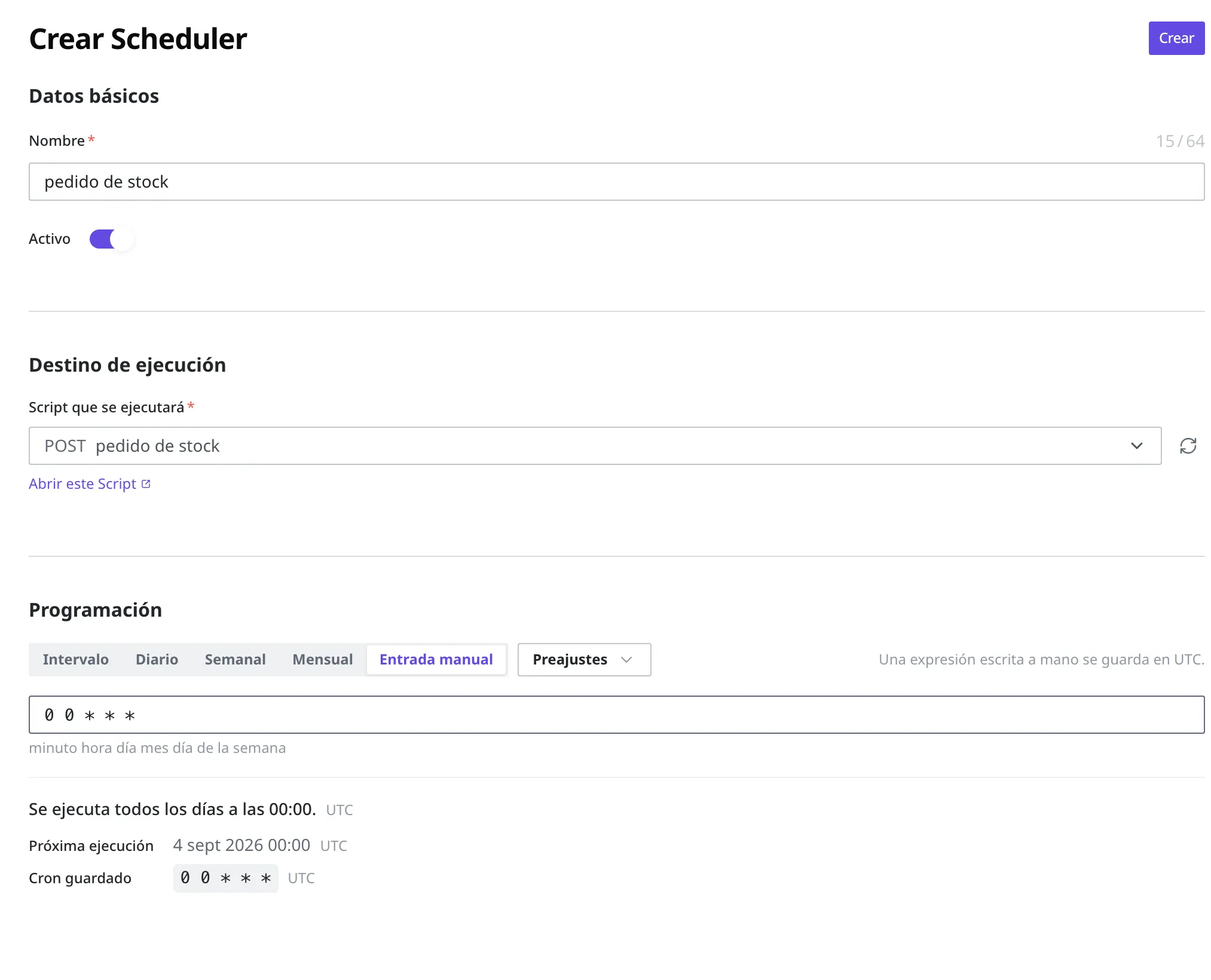Pantalla de creación de un nuevo Scheduler. Nombre «pedido de stock», Activo encendido, Script que se ejecutará «pedido de stock» y 0 0 * * * escrito en la pestaña Entrada manual de Programación