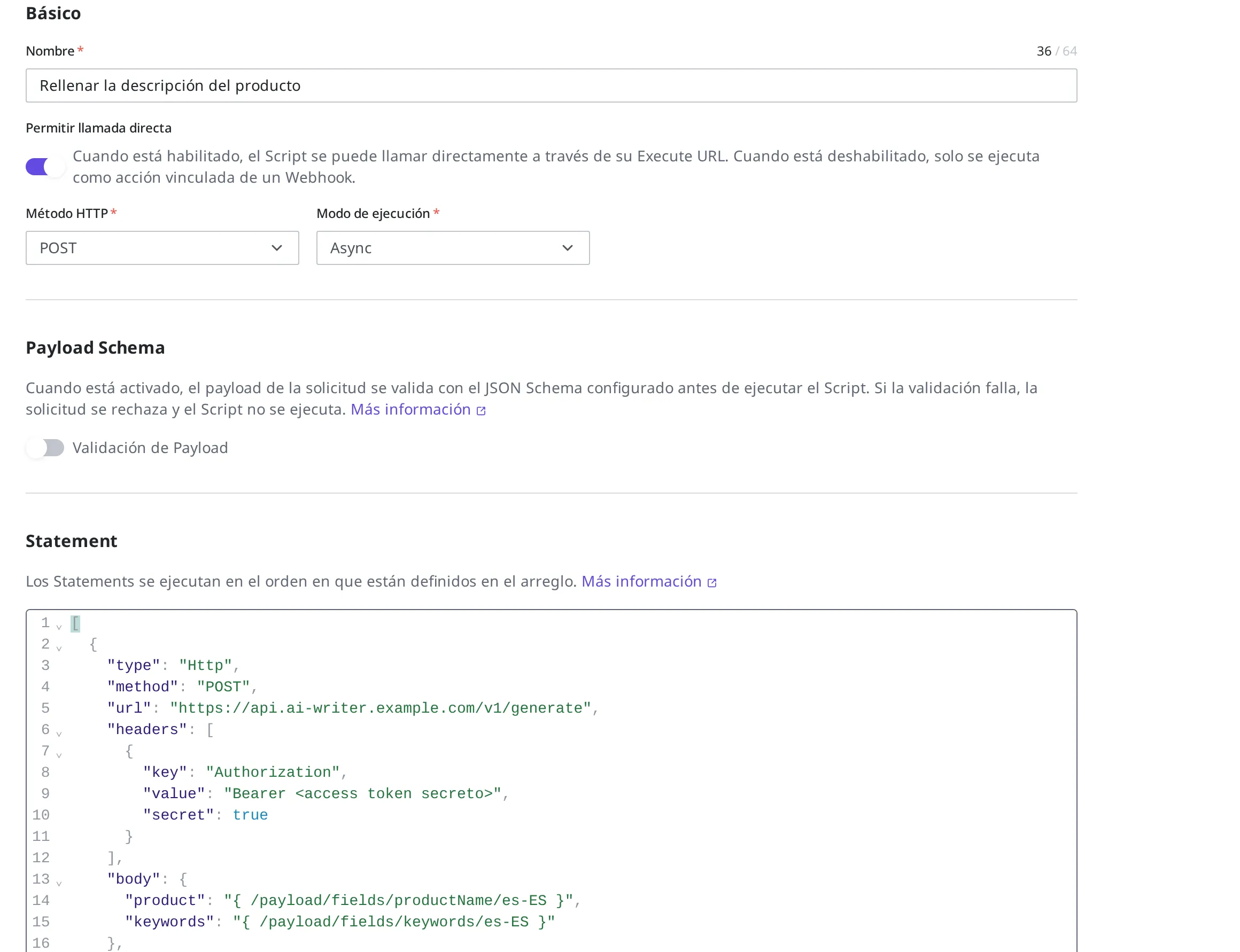 Pantalla de creación de un nuevo Script. Nombre "Rellenar la descripción del producto", método HTTP POST, modo de ejecución Async, con la definición introducida en el campo Statement