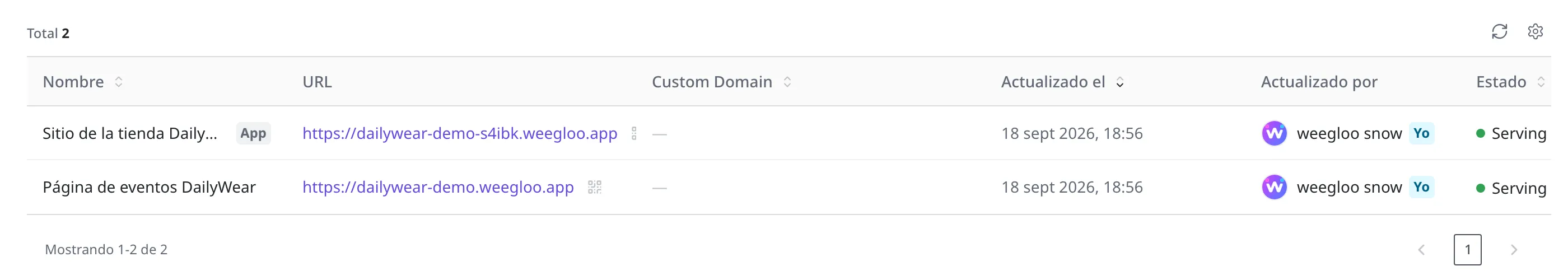 La lista de Web Hosting. "Sitio de la tienda DailyWear", que llegó de una app, lleva la marca App junto al nombre; "Página de eventos DailyWear", subida directamente, no la lleva