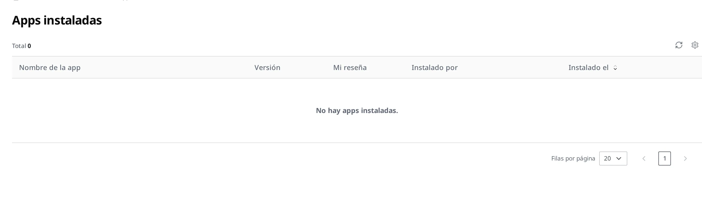 Pantalla del historial de instalación de apps. Se ve una lista con las columnas nombre de la app, versión, mi reseña, quién la instaló y fecha de instalación (si todavía no se ha instalado ninguna app, aparece como una lista vacía con solo los encabezados de las columnas)