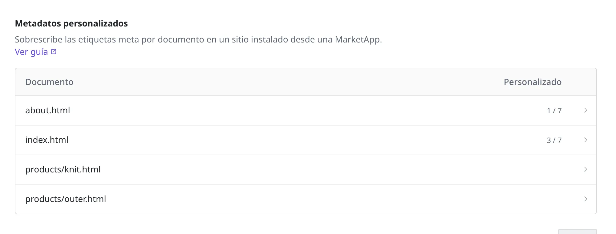 La tabla de metadatos personalizados. about.html e index.html tienen 1/7 y 3/7 en campos establecidos, mientras que los dos documentos bajo products están vacíos