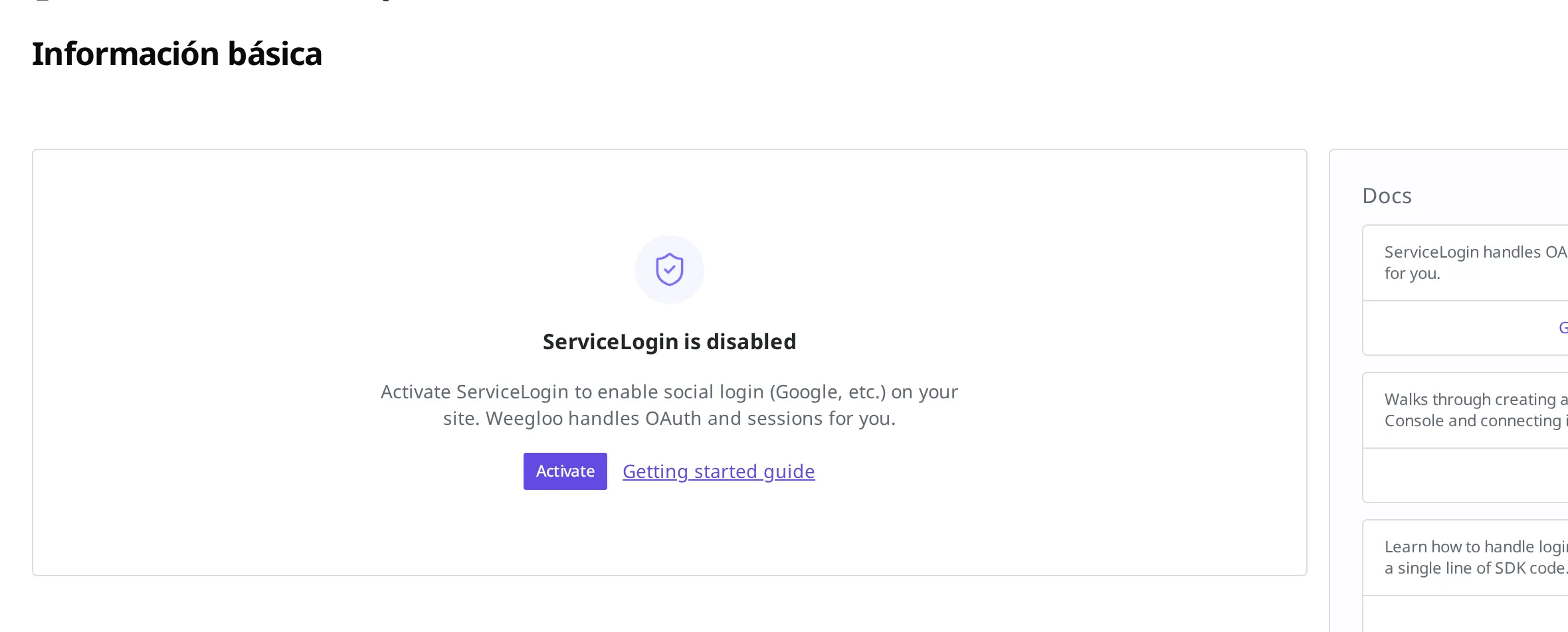 ServiceLogin todavía sin activar. Se ven el aviso "ServiceLogin is disabled" y el botón de activación