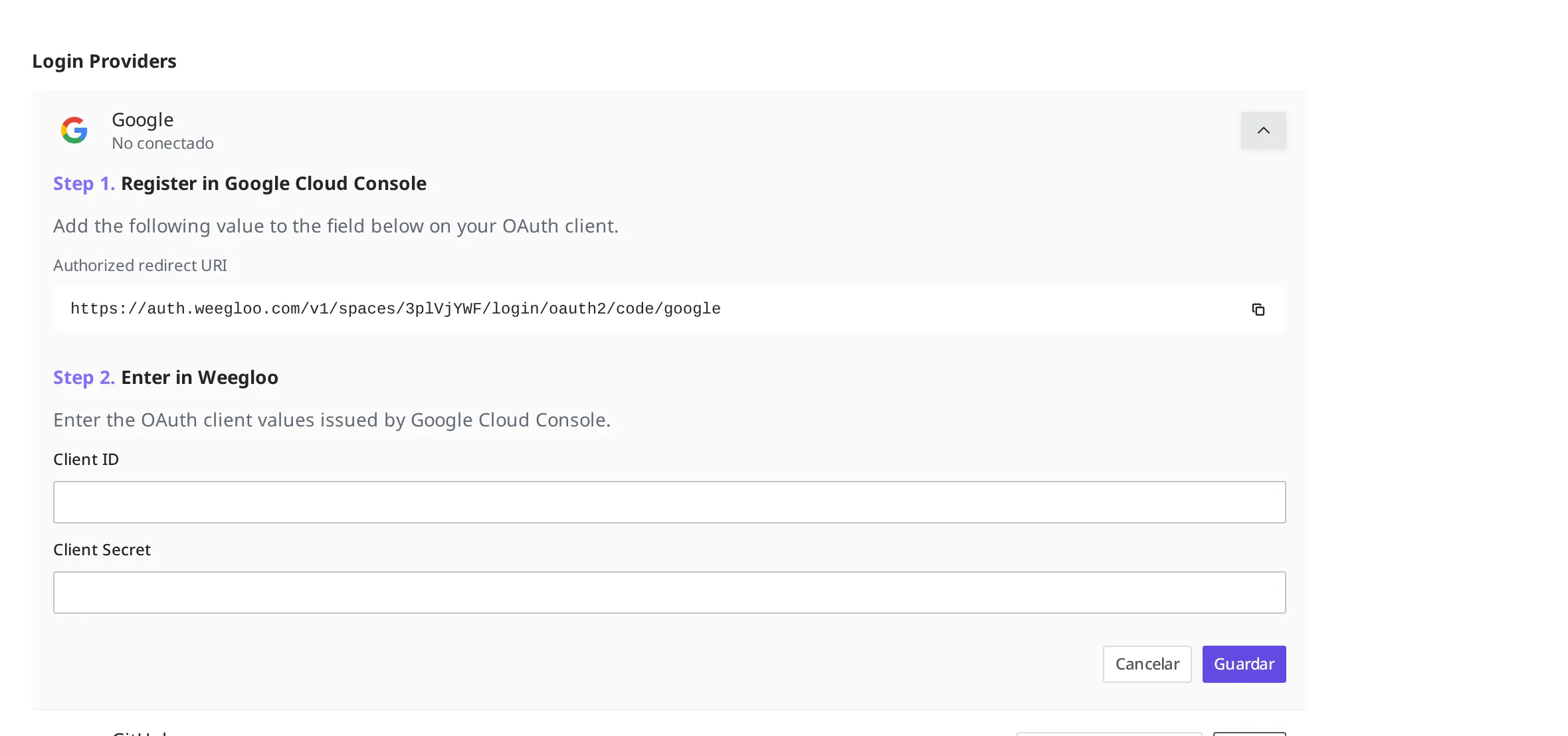 Guía de credenciales que aparece al activar Google. Se ven la URI de redirección autorizada del paso 1 y las casillas de Client ID y Client Secret del paso 2