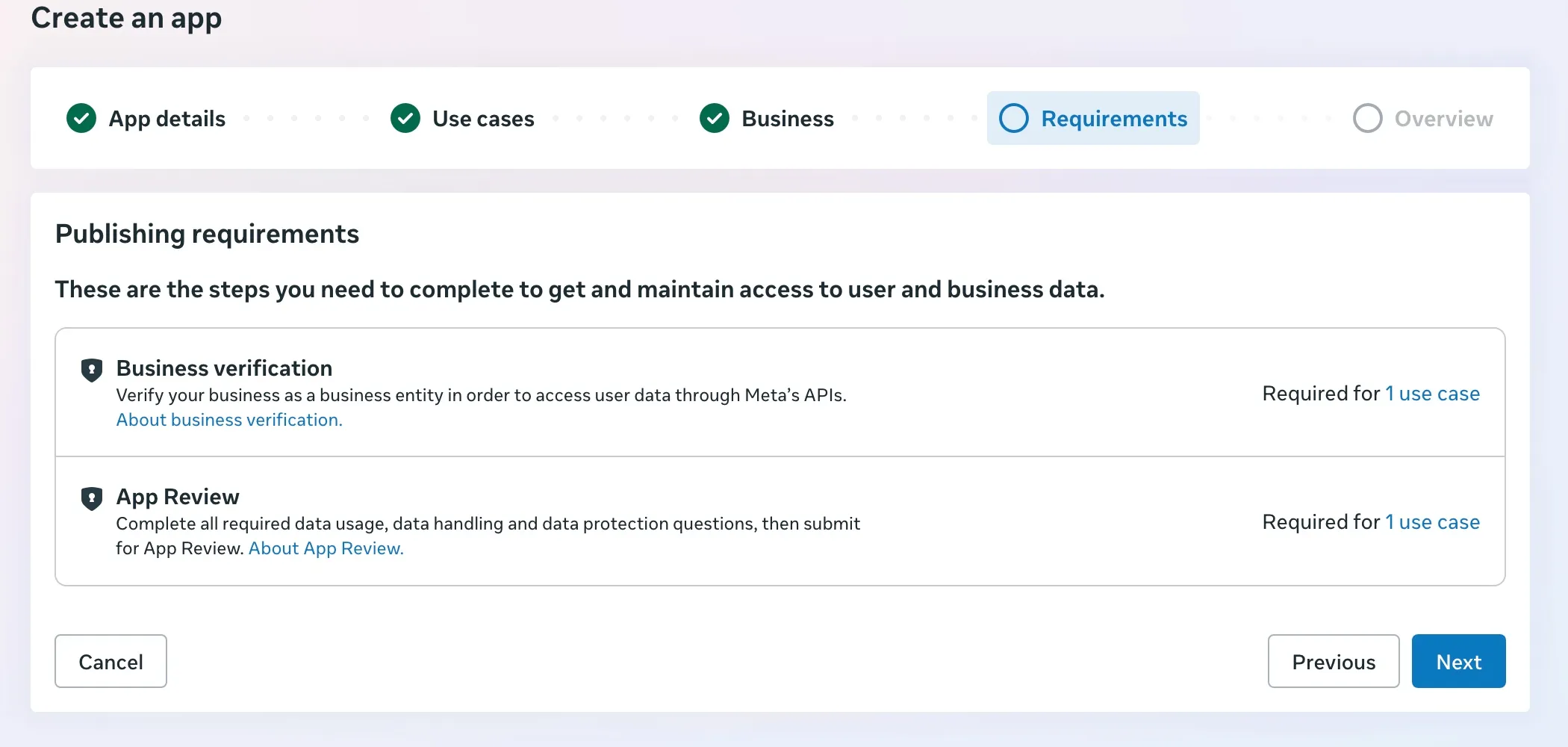 Paso Requirements de la pantalla que se rellena por pasos. Debajo de Publishing requirements están enumerados Business verification y App Review