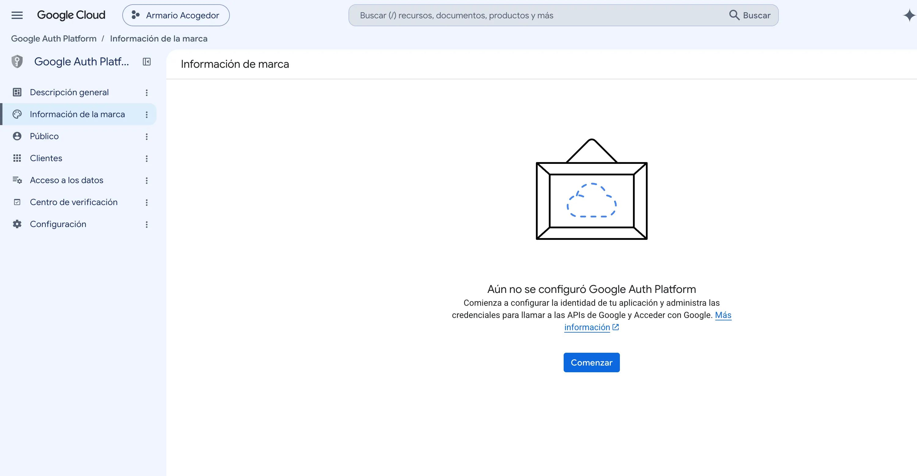 Pantalla Información de la marca de Google Auth Platform. Se ven el aviso "Aún no se configuró Google Auth Platform" y el botón Comenzar