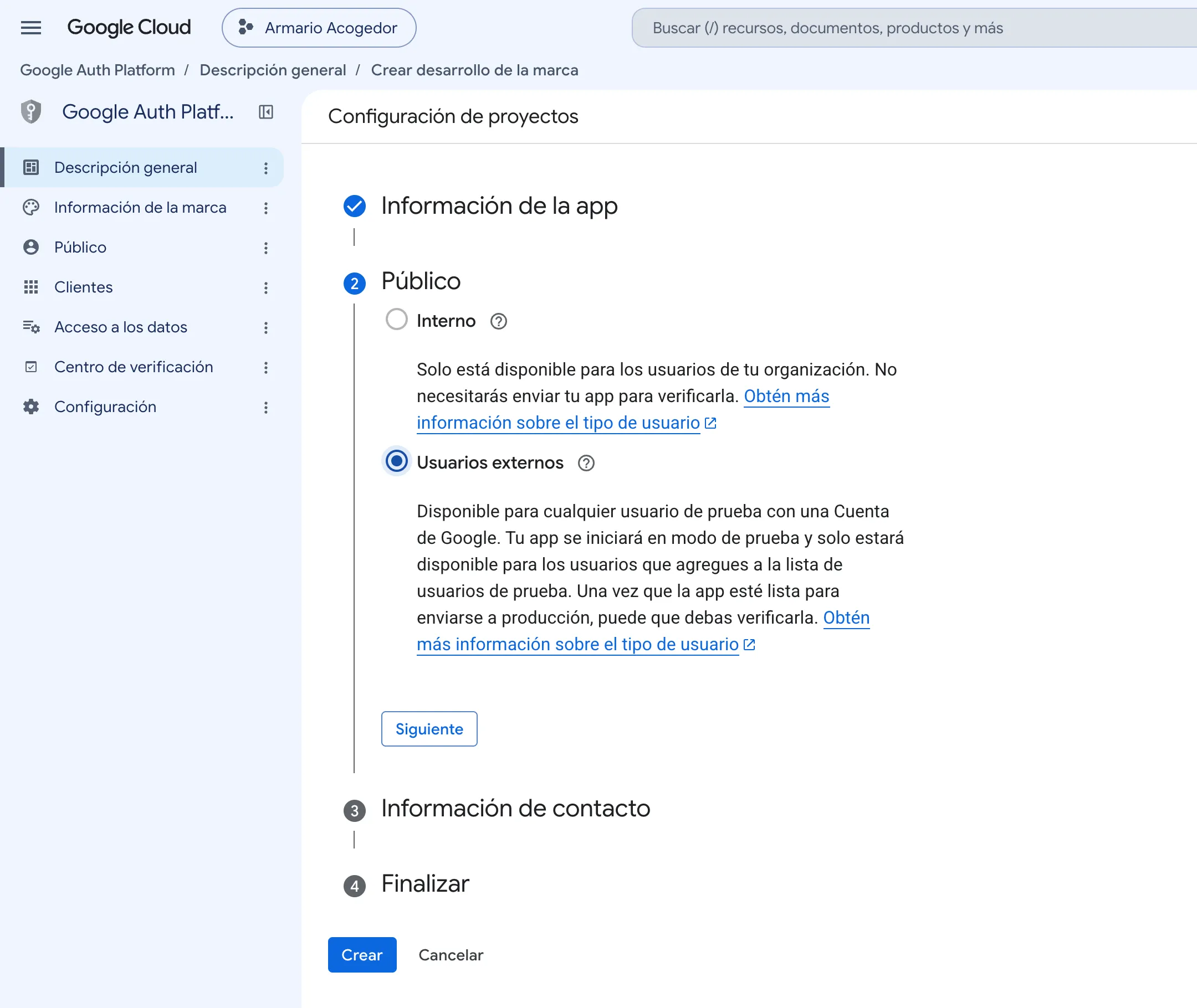 Paso 2 Público de la configuración de proyectos. Entre Interno y Usuarios externos está seleccionado Usuarios externos
