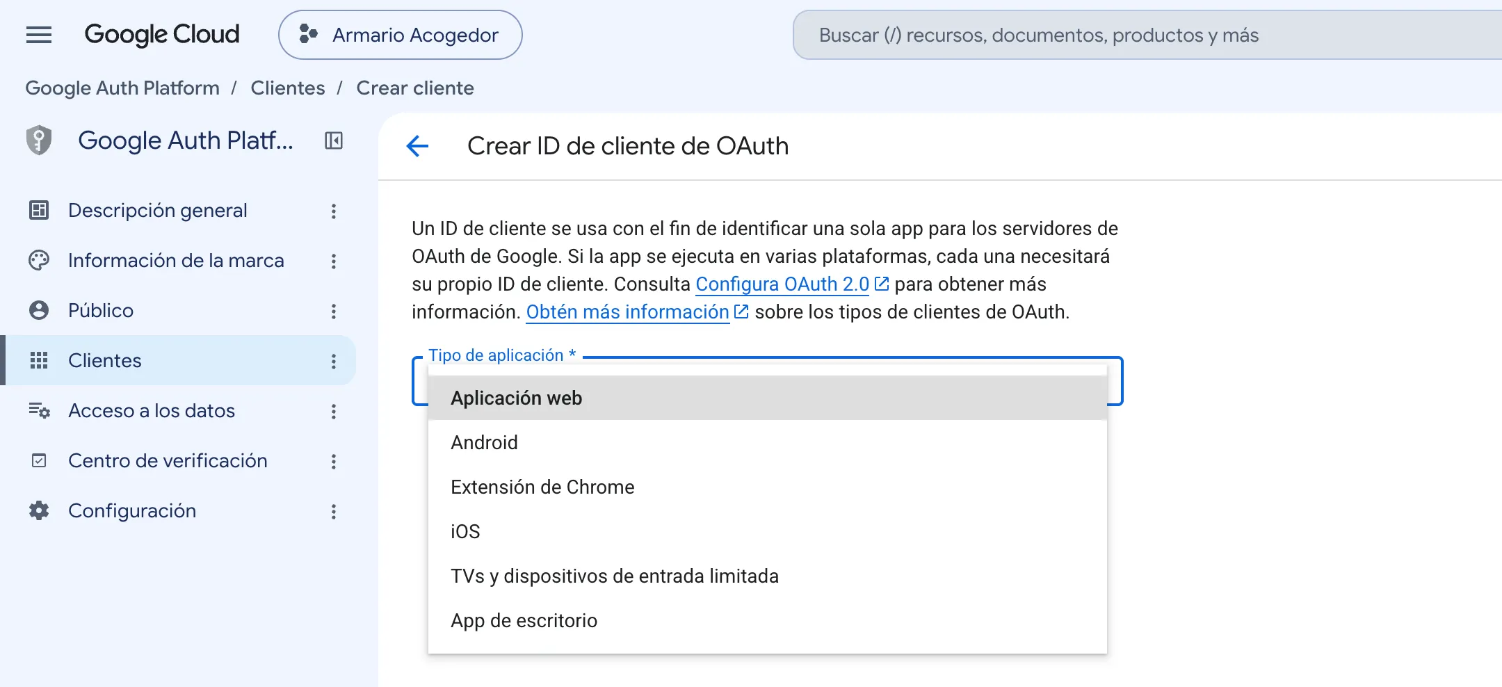 El desplegable de tipo de aplicación está abierto y muestra seis tipos, entre ellos Aplicación web