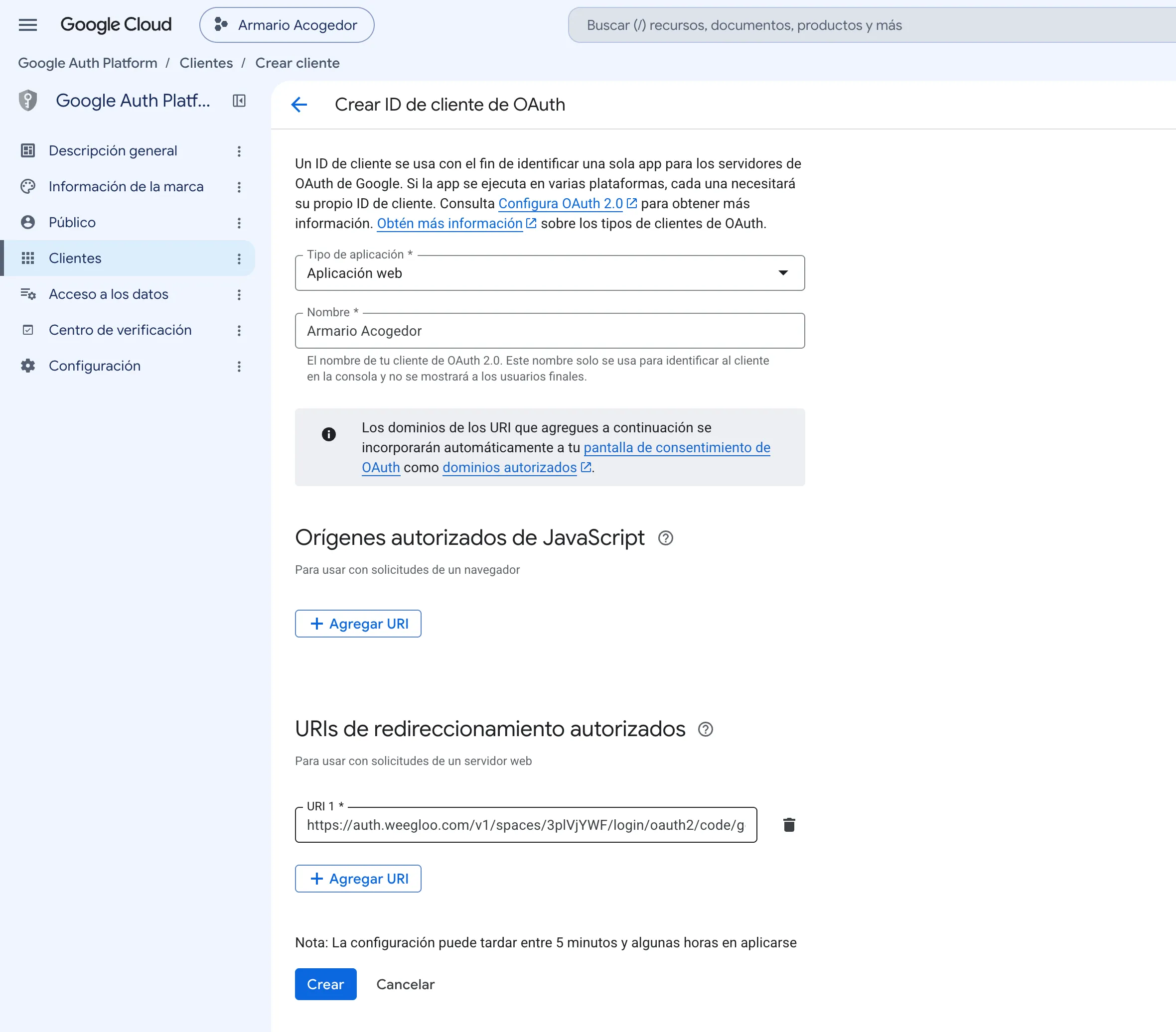 Formulario con la dirección puesta en URIs de redireccionamiento autorizados. Orígenes autorizados de JavaScript está vacío