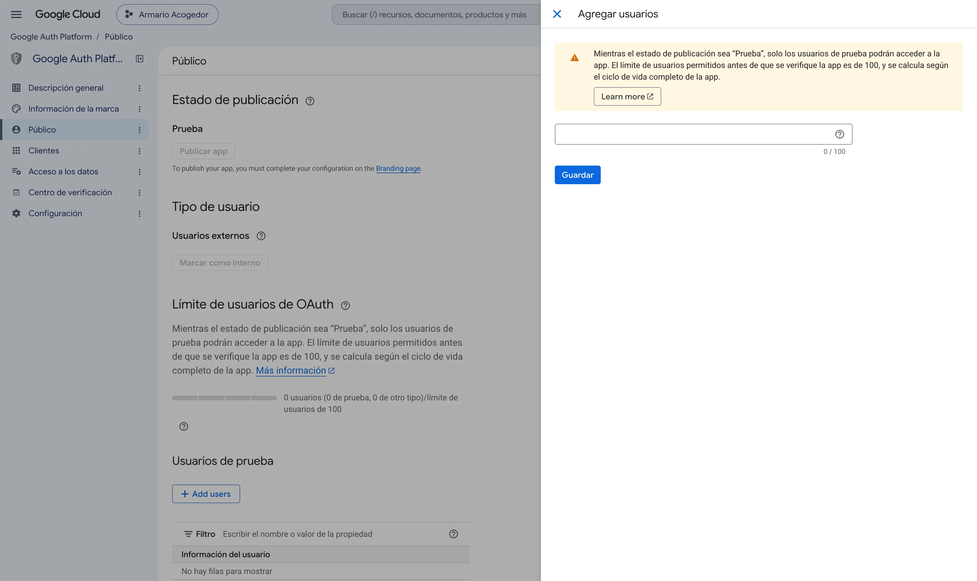 Zona de usuarios de prueba de la pantalla Público con el panel de agregar usuarios abierto a la derecha