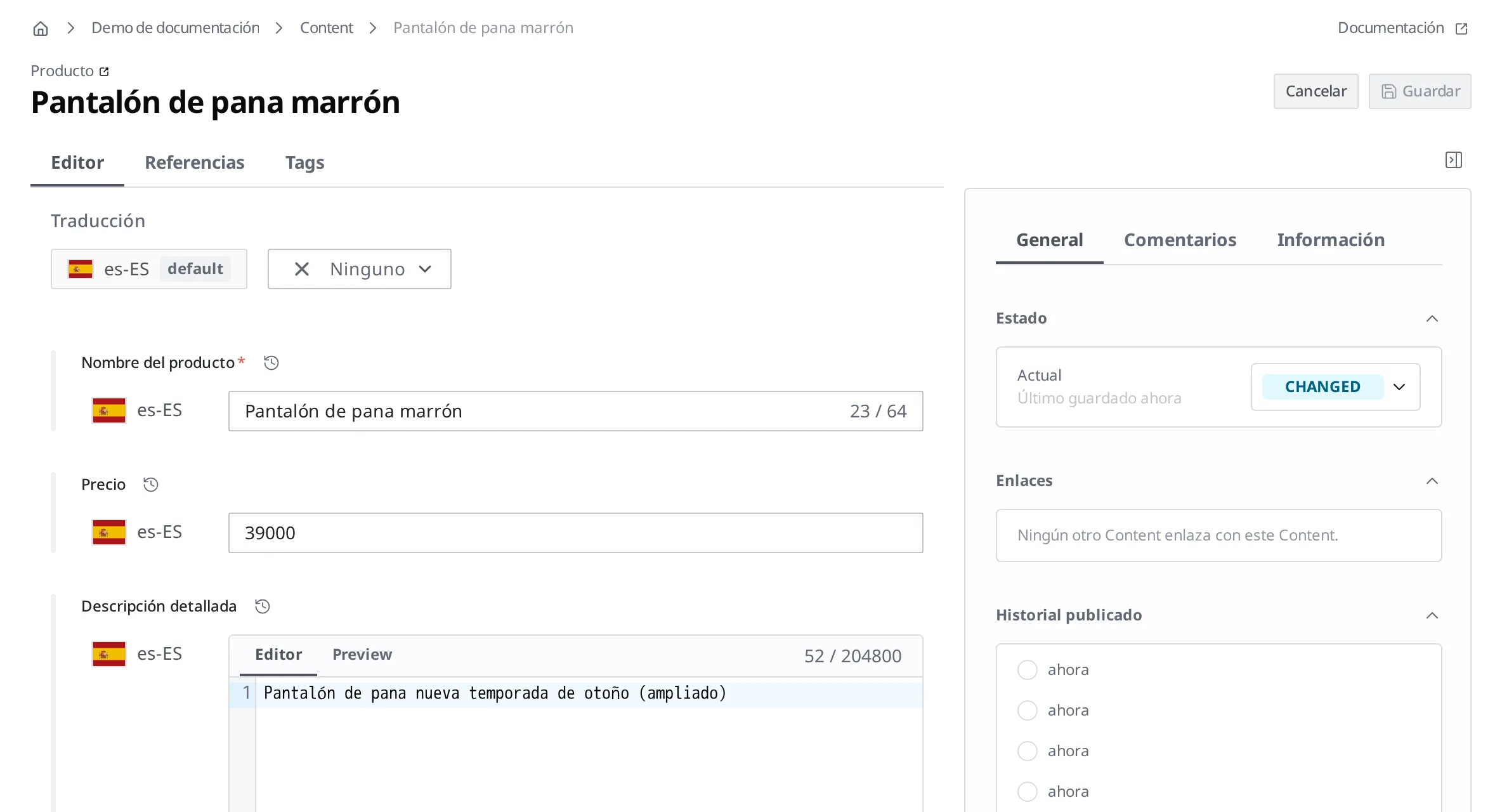 Pantalla de detalle del producto tras hacer clic en Editar. Se pueden cambiar el nombre del producto y el precio, y arriba a la derecha están los botones Cancelar y Guardar