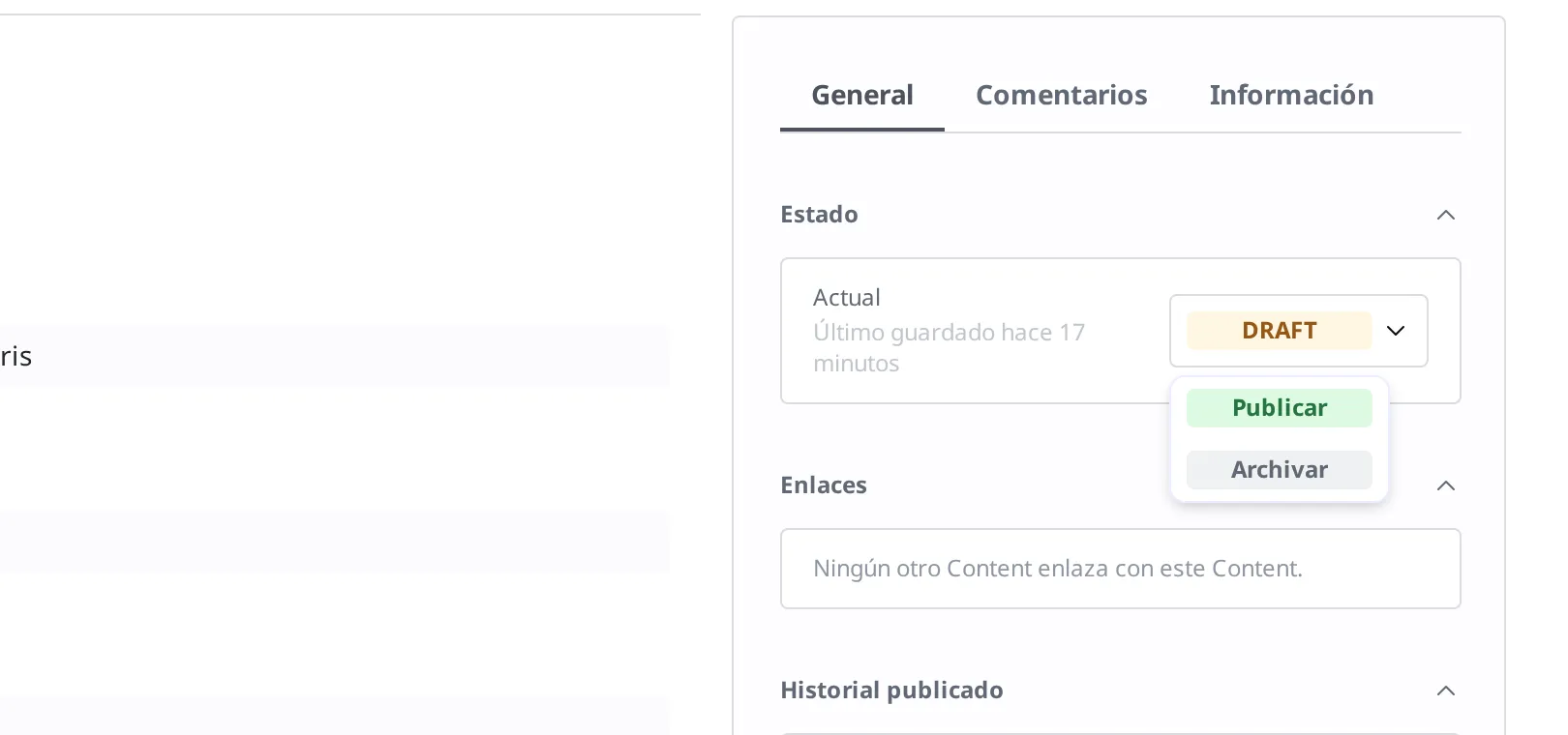 Menú desplegable que se abre al hacer clic en la insignia de estado Draft. Se ven dos opciones: Publicar y Archivar