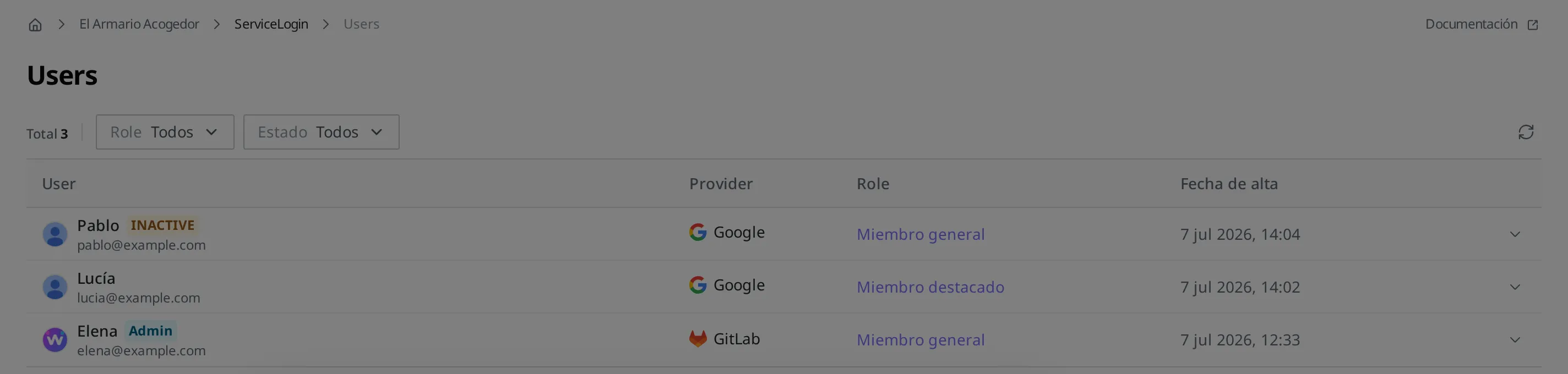 Pantalla de la lista Users. Se ven tres miembros (Elena, Lucía y Pablo) con su correo, Provider, Role y fecha de alta; Pablo tiene la insignia INACTIVE y Elena la insignia Admin