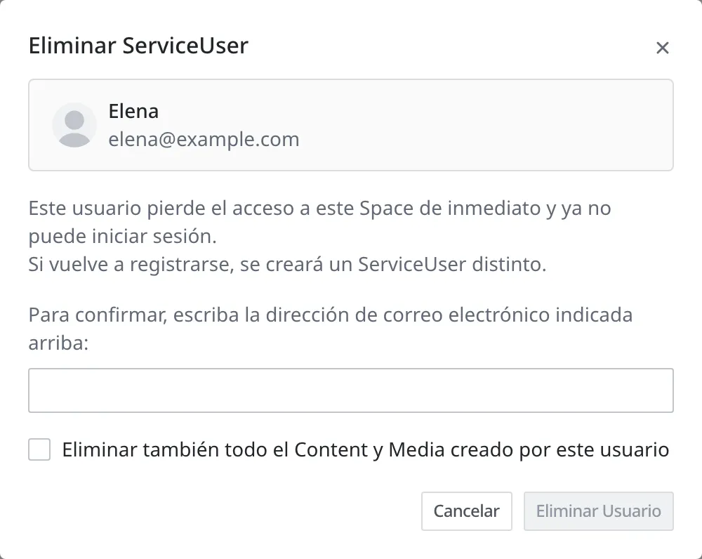 Ventana para quitar a un miembro. Arriba, una tarjeta con el miembro afectado (Elena, elena@example.com) y, debajo, el campo de confirmación del correo y la casilla "Eliminar también todo el Content y Media creado por este usuario", desactivada