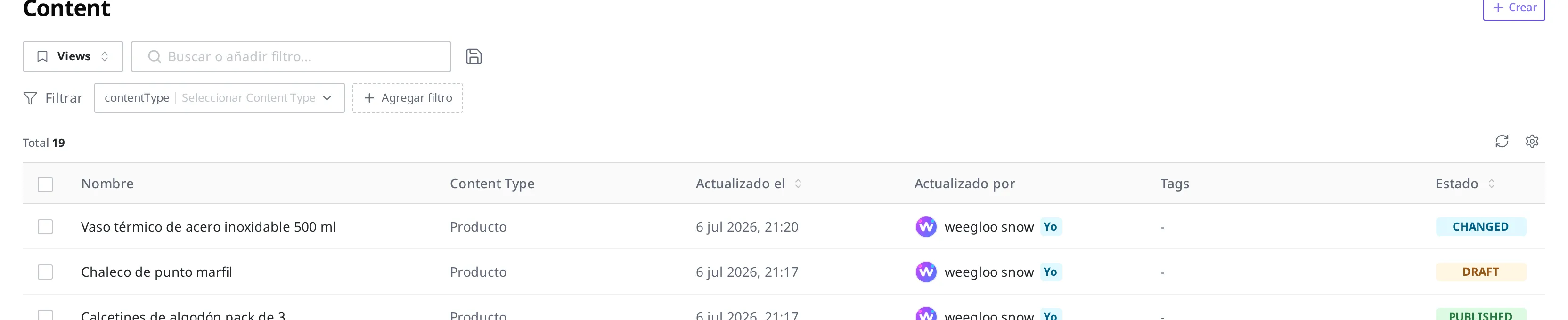 Columnas Actualizado por y Actualizado el de la lista de Content. En la fila de cada producto se ve la última persona que lo modificó y el momento