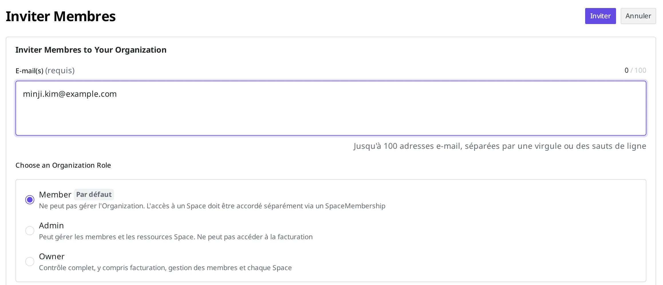 Écran d'invitation de Member dans l'Organization. L'e-mail minji.kim@example.com est saisi et Member est choisi comme Organization Role