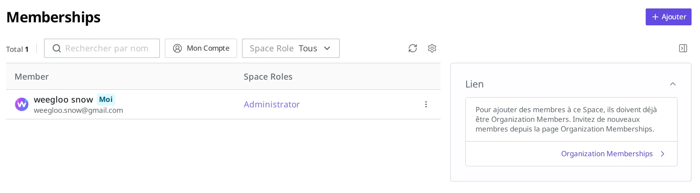 Écran Membership du Space de la boutique en ligne. On y voit la liste des Member et des Space Role, le bouton d'ajout en haut à droite, ainsi que le message « il faut d'abord être Organization Member »