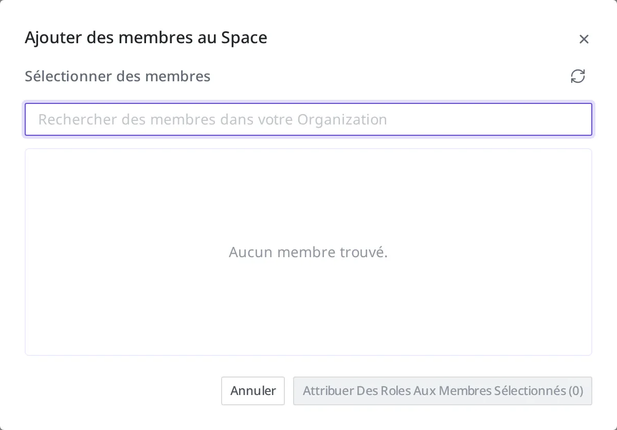 Boîte de dialogue d'ajout de Member au Space. Vous recherchez et choisissez un Member au sein de l'Organization, puis vous lui attribuez un rôle