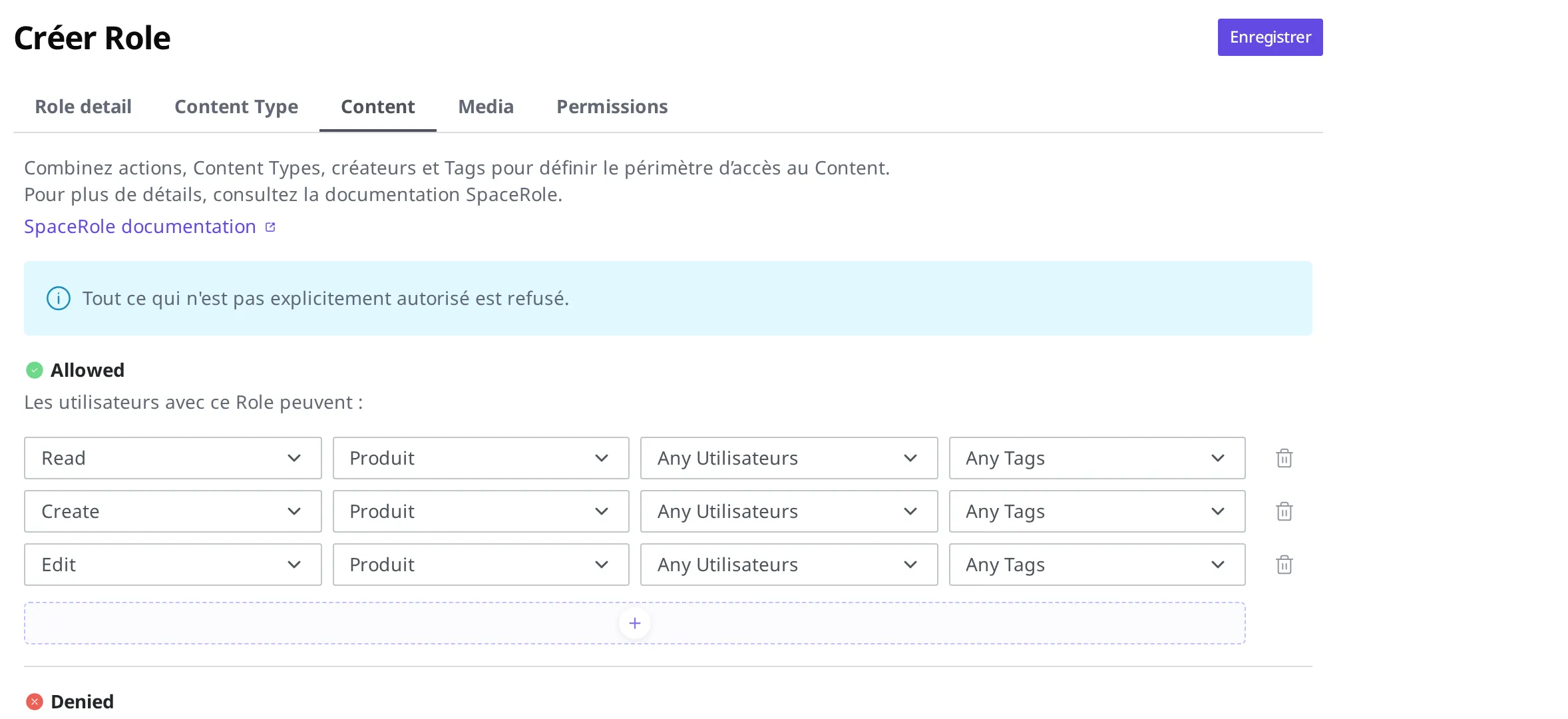 Onglet des permissions de Content où les trois règles Read, Create et Edit sont autorisées en les limitant à « produit »