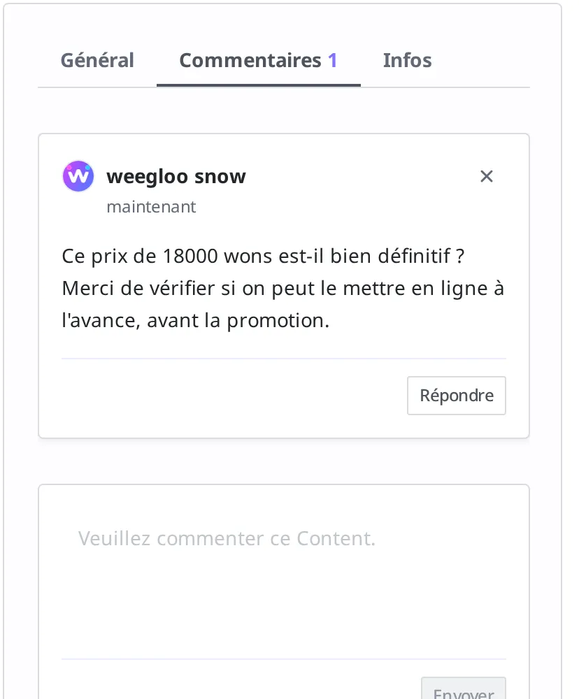 Onglet des commentaires sur l'écran Content du gobelet. Le commentaire « Ce prix de 18 000 wons est-il définitif ? » est affiché avec son auteur et son heure de rédaction