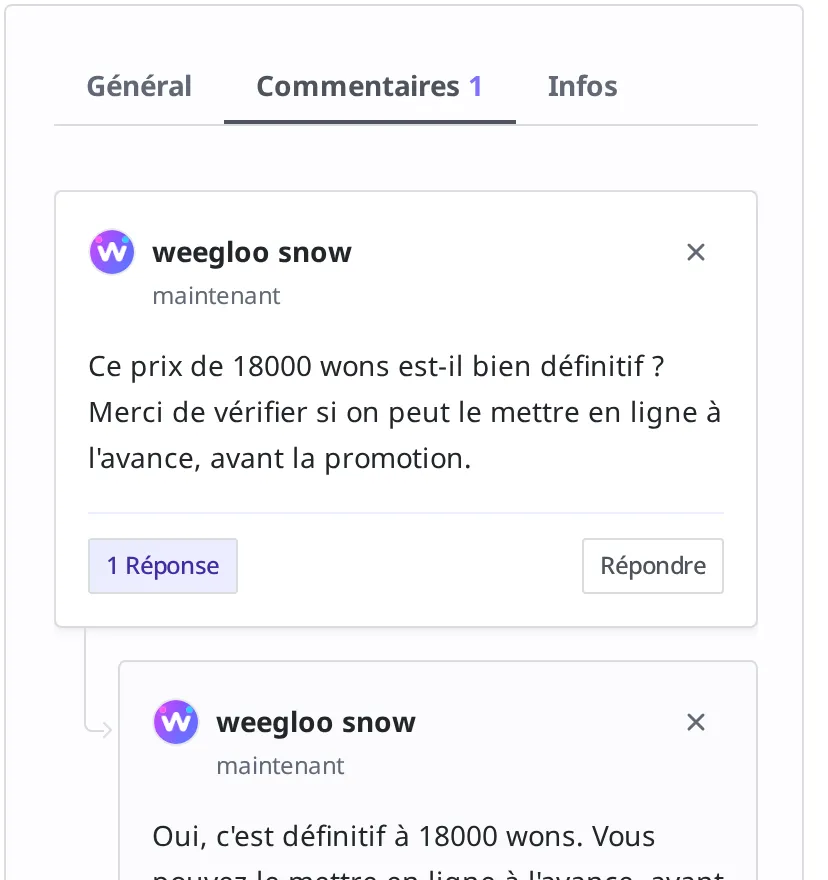 Sous le commentaire « Ce prix de 18 000 wons est-il définitif ? », la réponse « Oui, c'est définitif à 18 000 wons. Vous pouvez le mettre en ligne à l'avance, avant la promotion. » est affichée, regroupée par un trait de liaison et un retrait, avec un bouton « 1 Réponse »