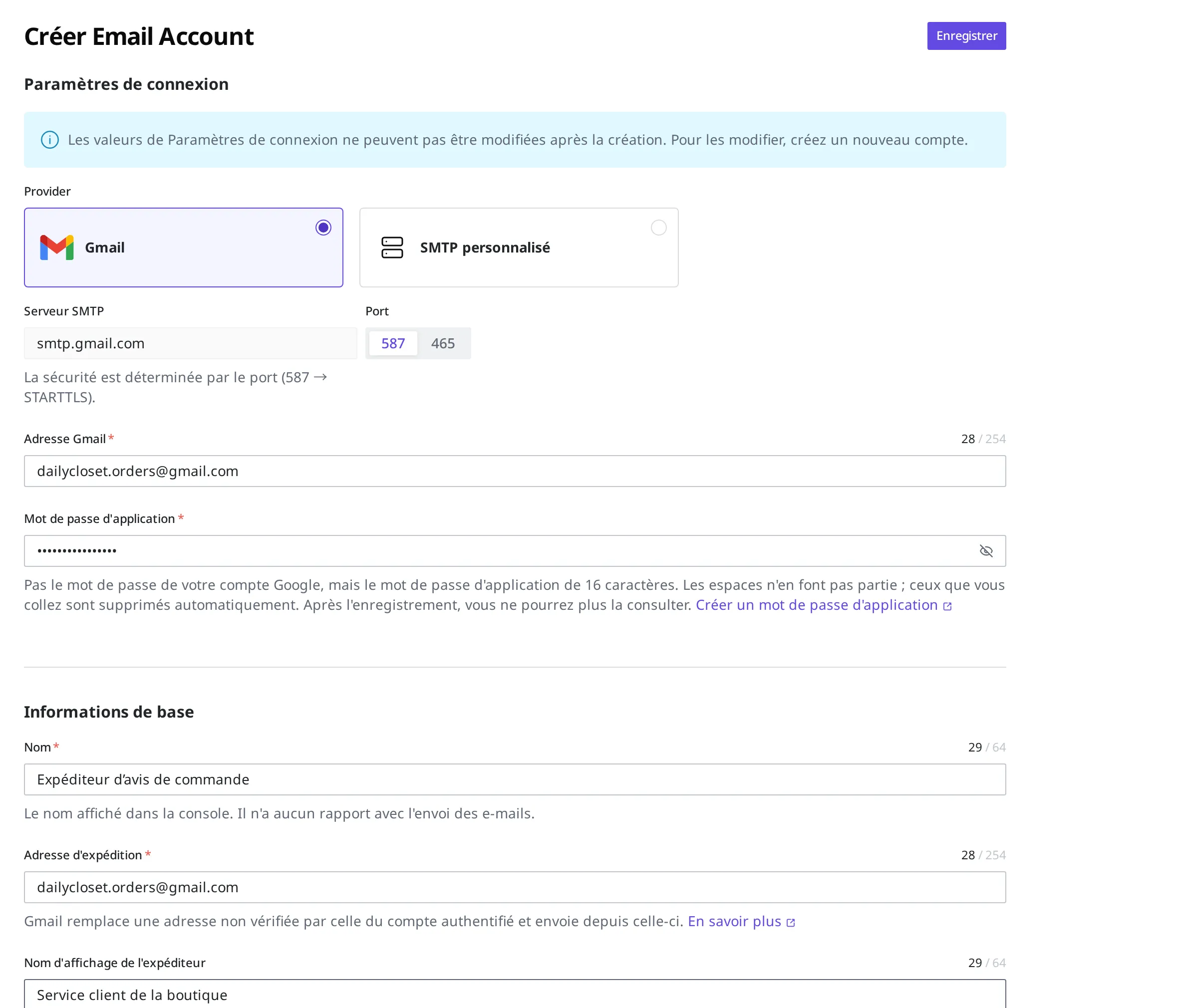 Écran de création d'un Email Account. Gmail a été choisi comme Provider, le serveur SMTP et le port se sont remplis automatiquement, et l'adresse Gmail, le mot de passe d'application, le nom, l'adresse d'expéditeur et le nom d'affichage de l'expéditeur ont été renseignés
