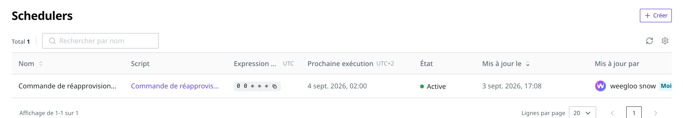 Écran de liste des Scheduler. « Commande de réapprovisionnement » apparaît sur une ligne avec son nom, son Script, son expression cron, sa prochaine exécution et l'état Active. En tête de la colonne de l'expression cron, UTC ; en tête de la colonne de la prochaine exécution, UTC±N