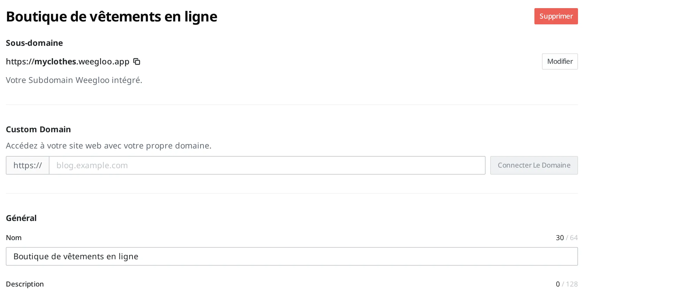Écran du Web Hosting après le déploiement. L'adresse d'accès myclothes.weegloo.app est visible
