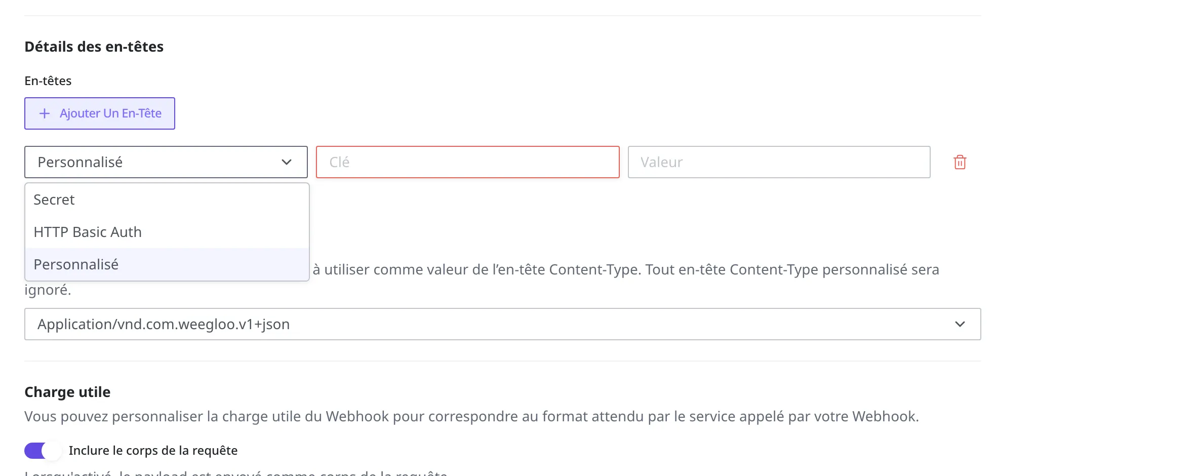 Vue de la liste déroulante de type ouverte lors de l'ajout d'un en-tête. On choisit parmi Secret, HTTP Basic Auth et Personnalisé