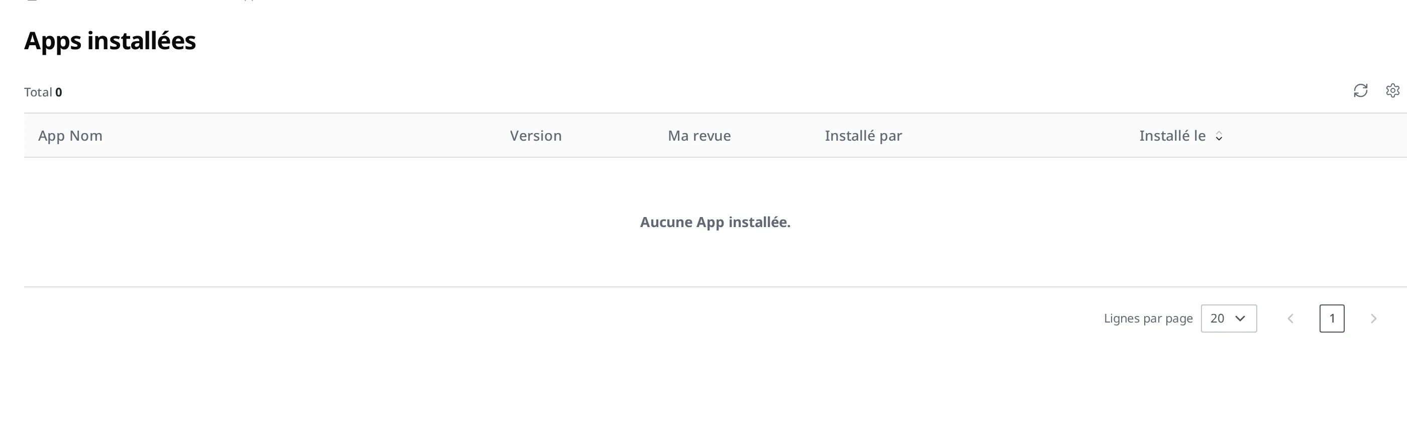 Section Apps installées du studio de contenu. La liste affiche les colonnes App Nom, Version, Ma revue, Installé par et Installé le. Aucune App n'est installée : la liste est vide avec seulement les en-têtes de colonnes.