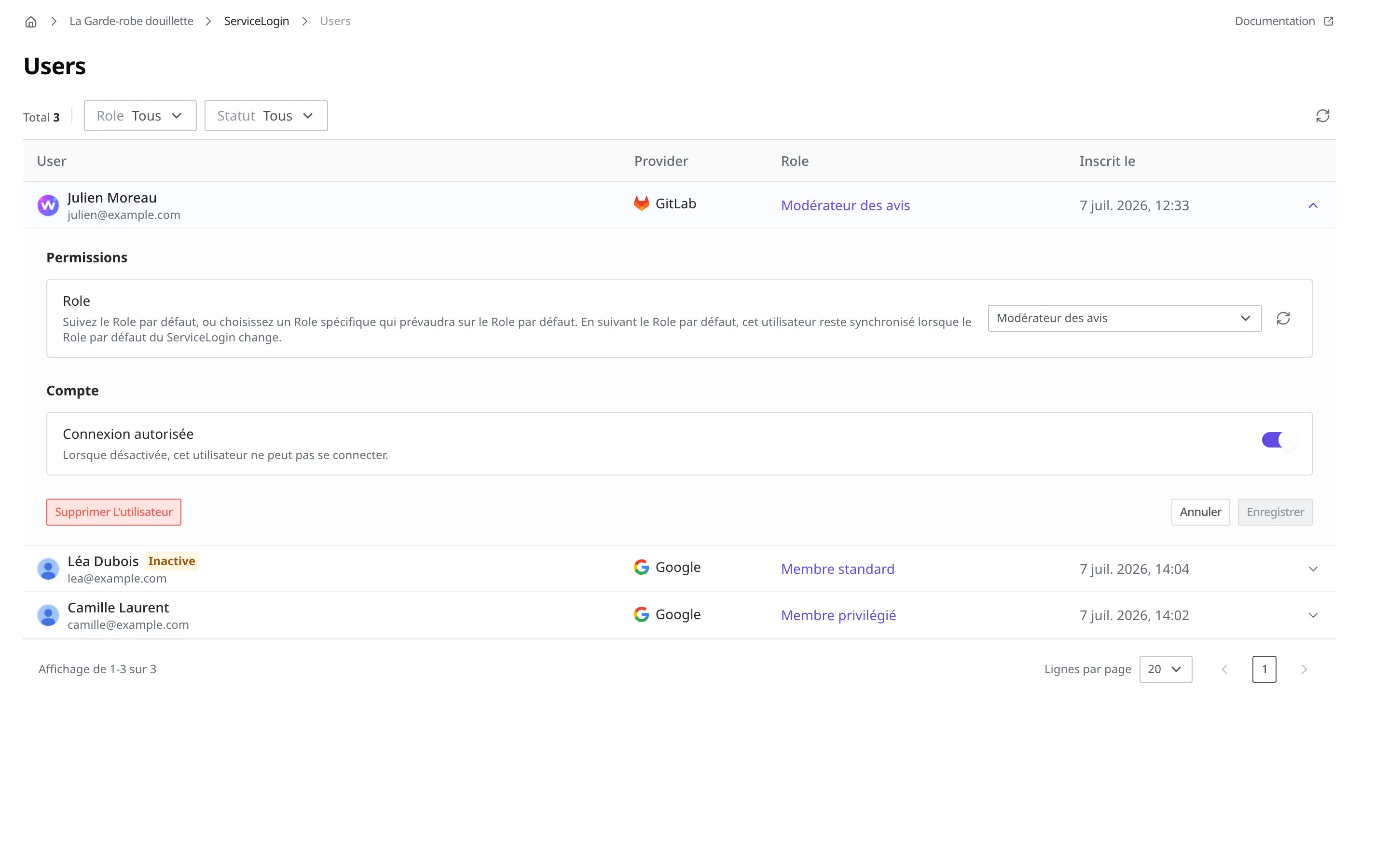 Détail de la ligne dépliée du membre Julien Moreau dans la liste Users. Sous le Role de la section Permissions et la Connexion autorisée de la section Compte, le bouton rouge Supprimer l'utilisateur se trouve tout à gauche, et les boutons Annuler et Enregistrer tout à droite