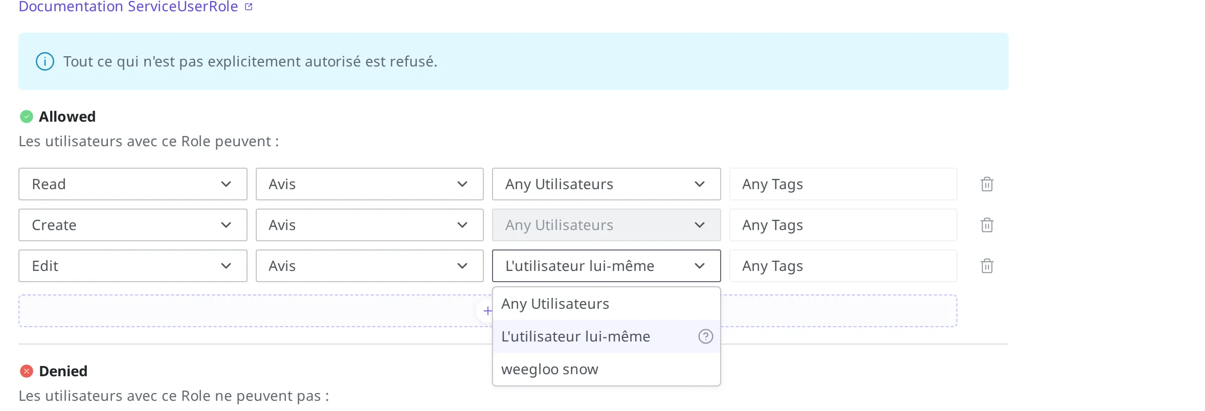Écran avec le champ de l'auteur de la règle Edit ouvert. Outre Any Utilisateurs et L'utilisateur lui-même, un nom d'utilisateur que l'on peut désigner apparaît dans la liste