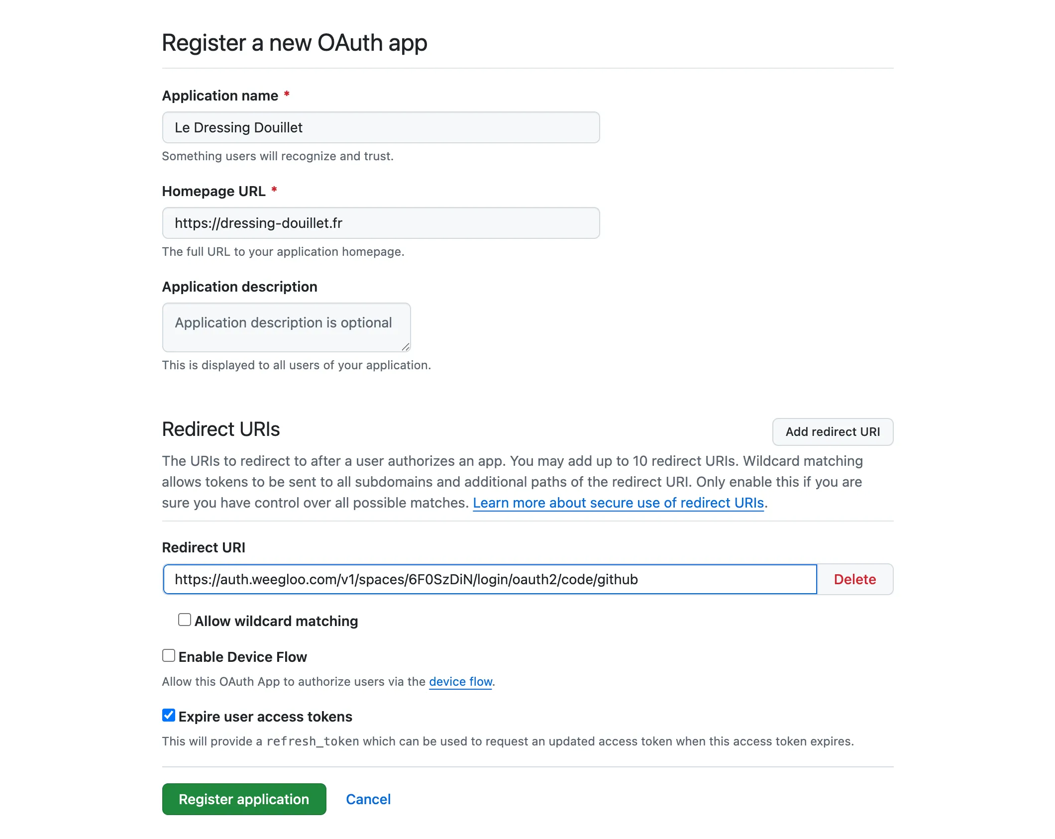 Le formulaire Register a new OAuth app. Application name contient « Le Dressing Douillet », Homepage URL l'adresse du site et Redirect URI l'adresse WEEGLOO