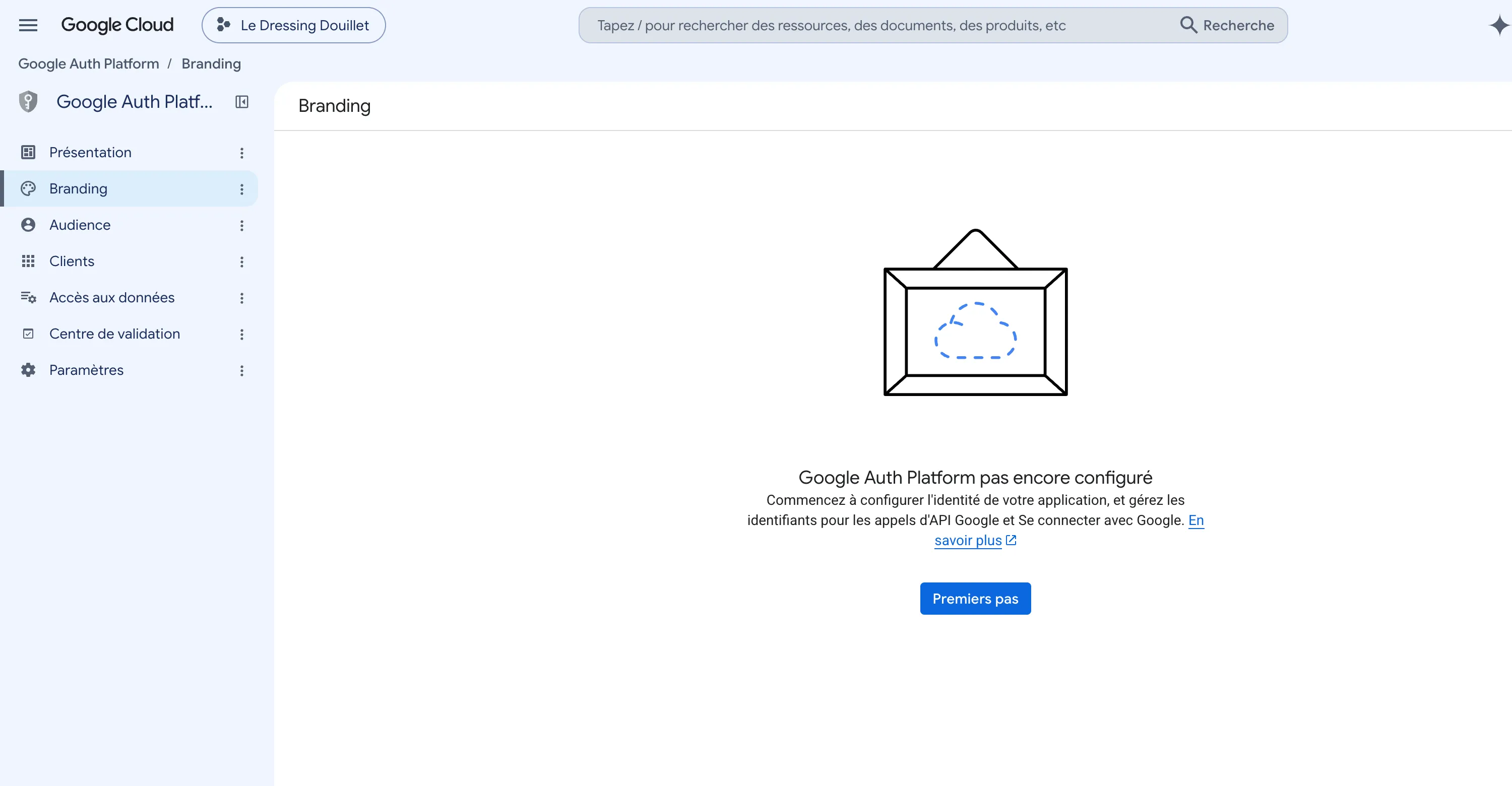 L'écran Branding de Google Auth Platform. L'indication « Google Auth Platform pas encore configuré » et le bouton Premiers pas sont visibles
