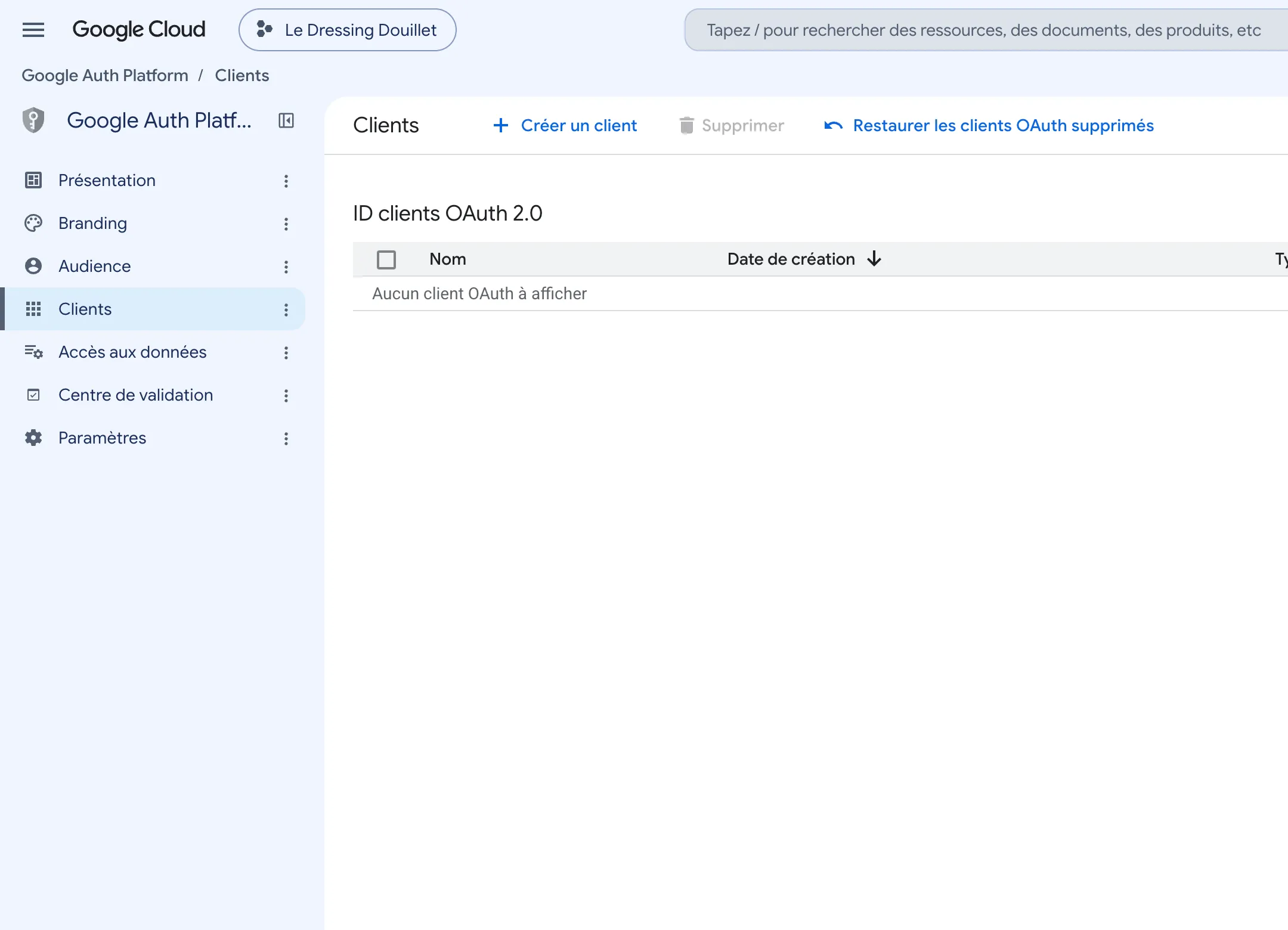 L'écran Clients. La liste des ID clients OAuth 2.0 est vide et Créer un client se trouve au-dessus