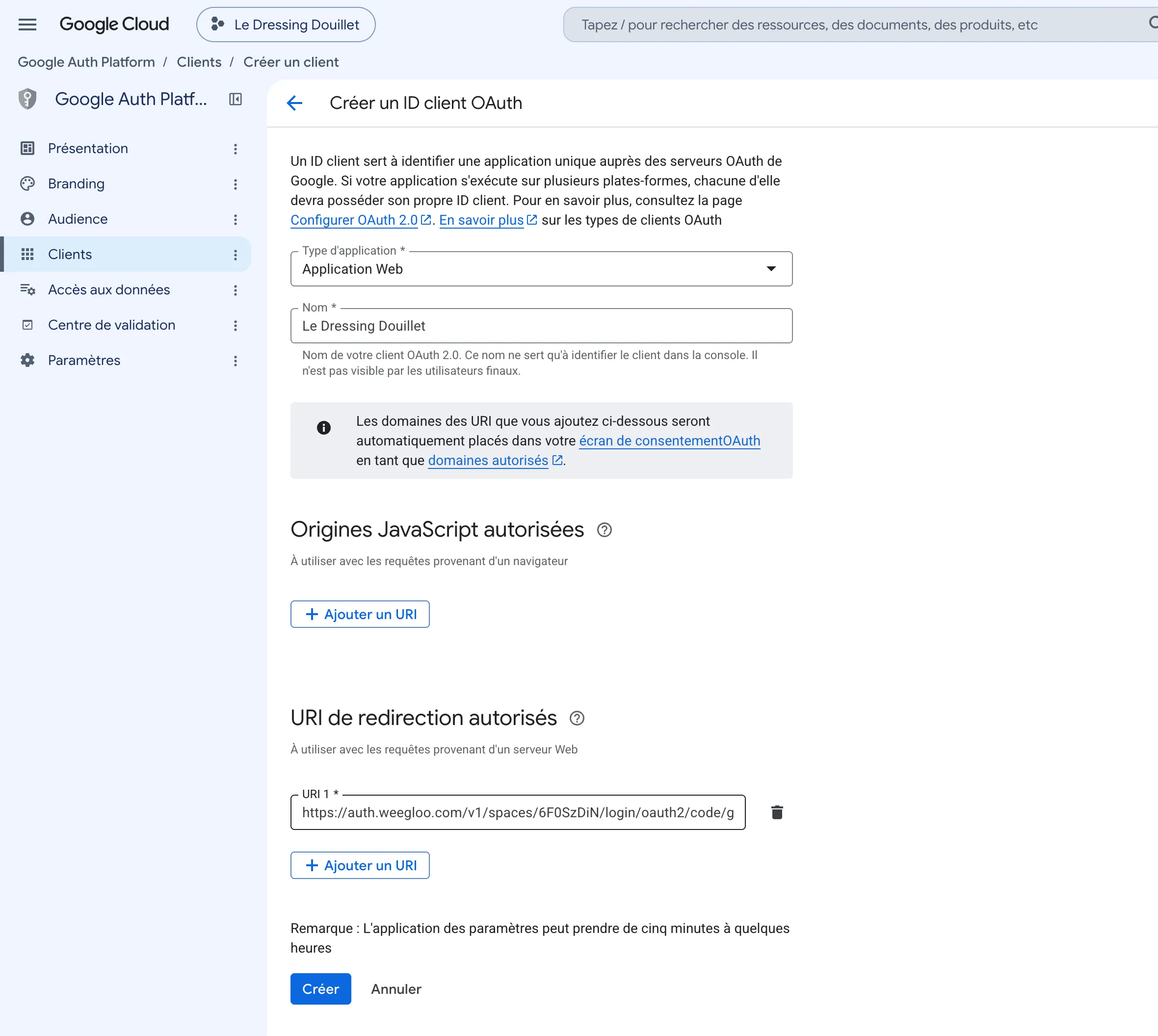 Le formulaire avec l'adresse renseignée dans URI de redirection autorisés. Origines JavaScript autorisées est vide