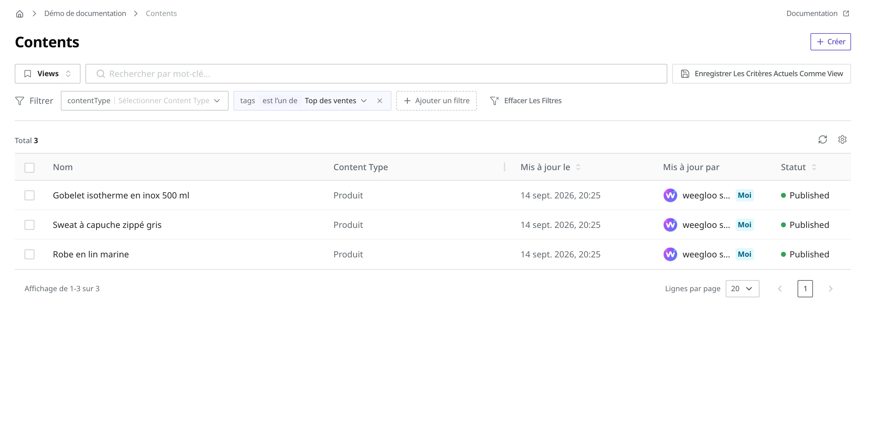 Liste Content où la condition tags est l’un de Top des ventes est appliquée, ne conservant que les 3 produits portant ce Tag