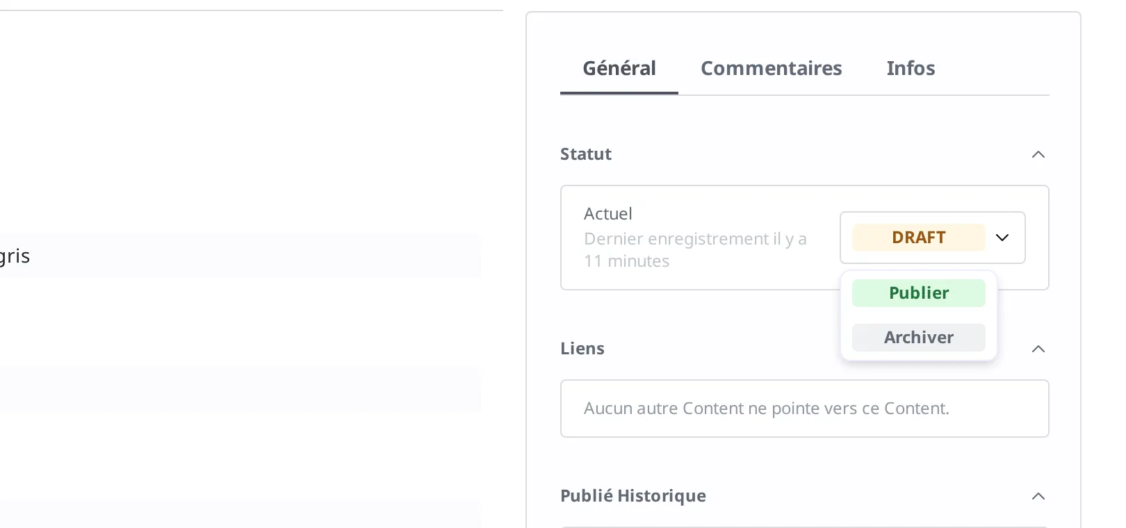 Liste déroulante qui se déploie lorsqu'on clique sur le badge de statut Draft. Les deux entrées Publier et Archiver sont visibles