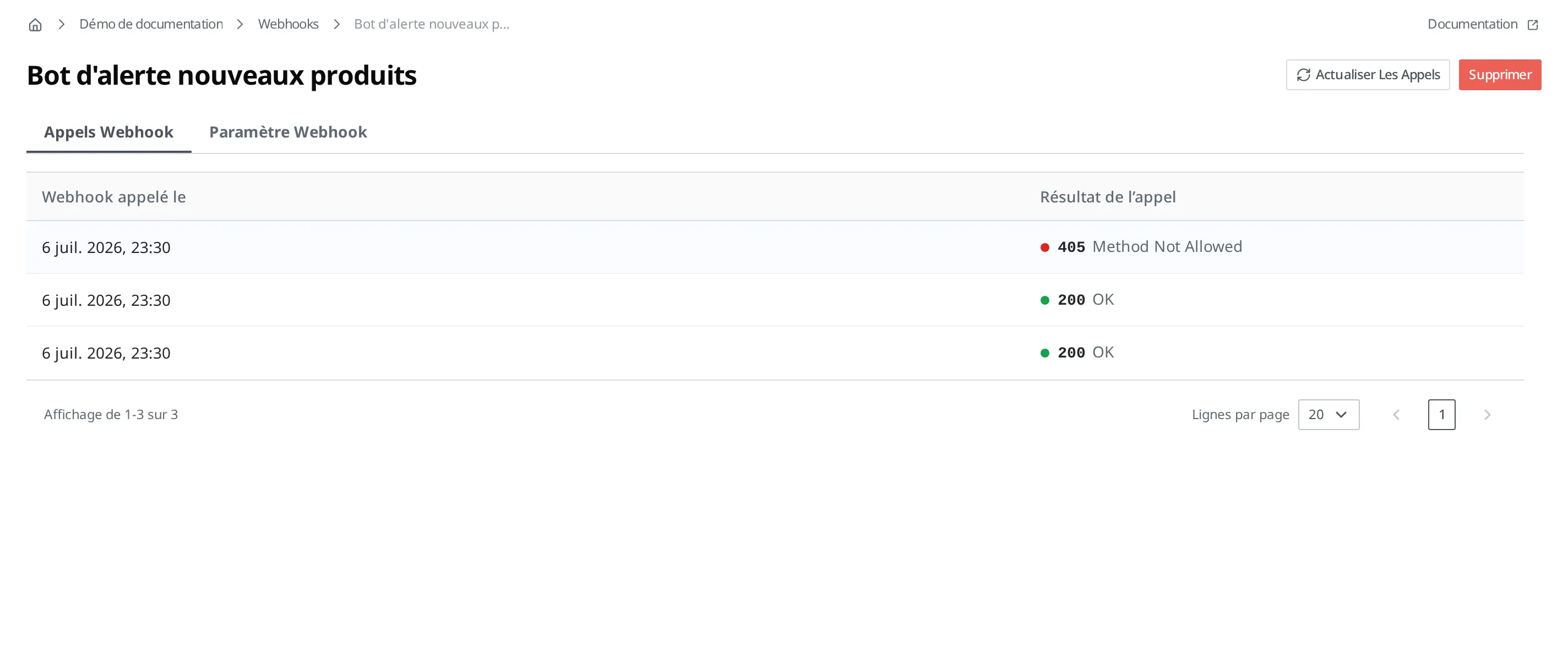 Onglet Appels Webhook du détail du Webhook. Les colonnes Webhook appelé le et Résultat de l'appel mélangent deux codes de réponse de réussite et un code de réponse d'échec