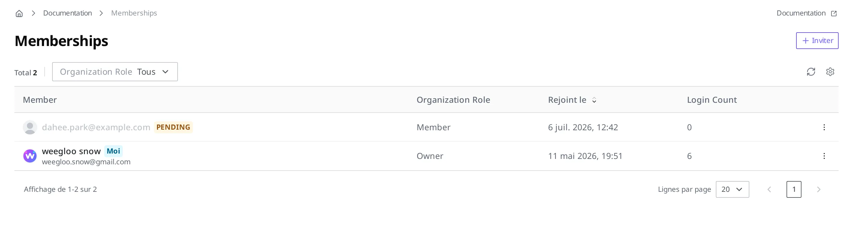 L'écran Memberships de l'Organization. weegloo snow (Owner) et l'invitée dahee.park@example.com (Organization Role: Member) sont affichés, dahee.park@example.com étant à l'état PENDING, et en haut à droite se trouve un bouton Inviter