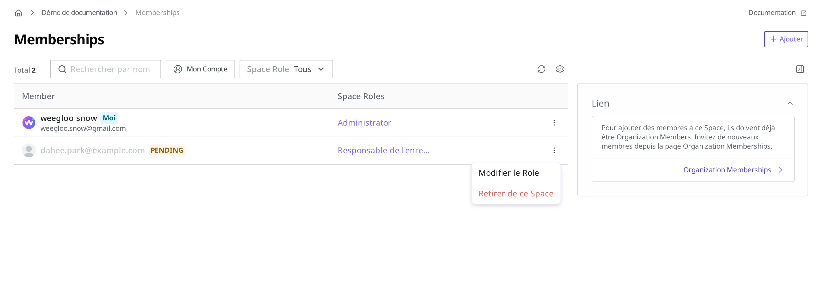 L'écran Memberships avec le menu plus d'options ouvert sur la ligne d'un membre. Les entrées Modifier le Role et Retirer de ce Space sont visibles