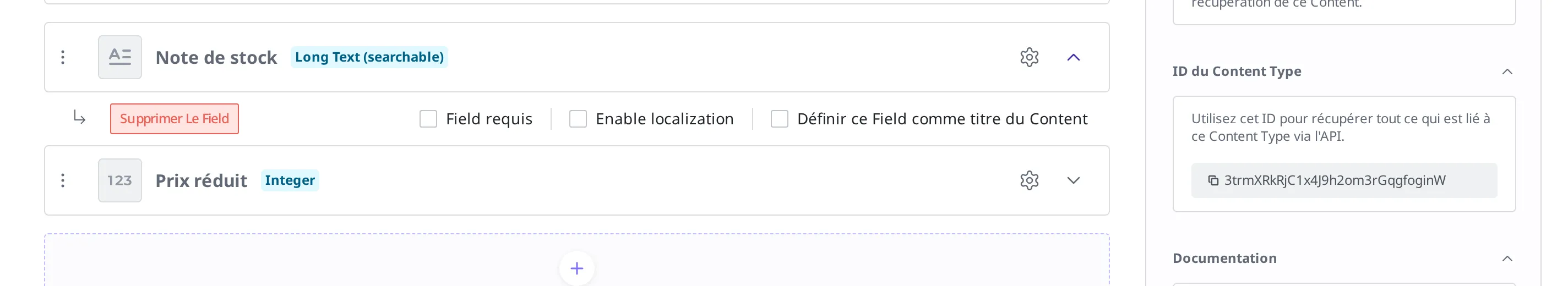 Ligne du Field Note de stock dépliée. À gauche, on voit côte à côte le bouton rouge Supprimer Le Field et les cases Field requis, Enable localization et Définir ce Field comme titre du Content