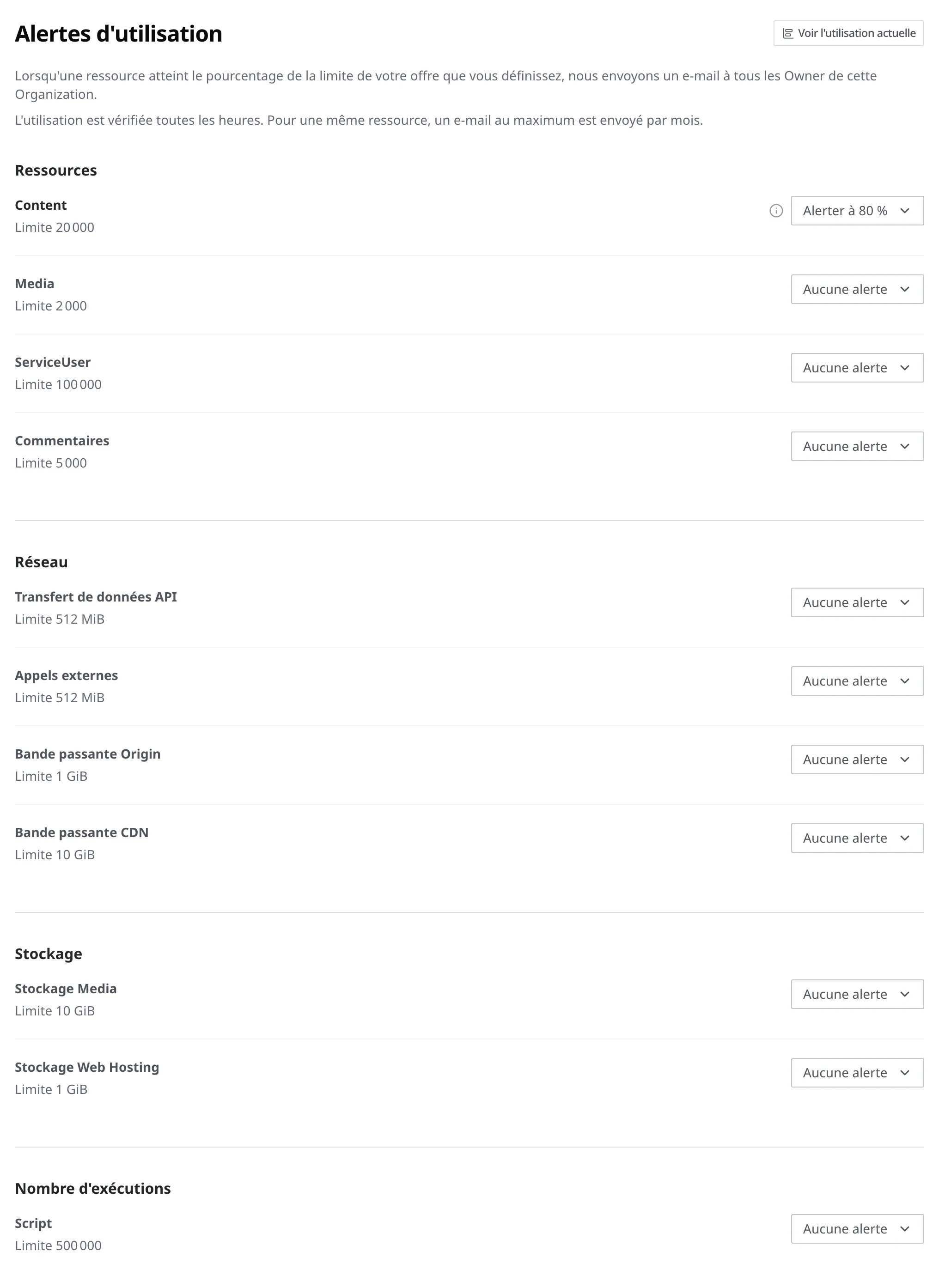 L'écran Alertes d'utilisation d'une Organization. On y voit les quatre groupes (Ressources, Réseau, Stockage, Nombre d'exécutions), la limite de chaque élément et la liste déroulante de pourcentage à droite, avec Content réglé pour alerter à 80 %