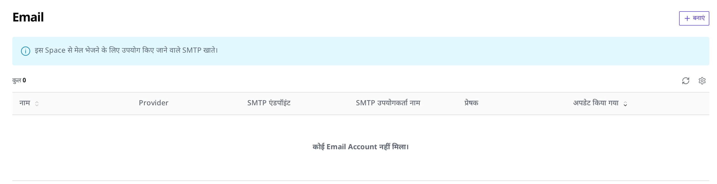 Email सूची स्क्रीन। अभी तक कोई Email Account रजिस्टर न होने की खाली स्थिति, और ऊपर दाईं ओर बनाएं बटन दिख रहा है