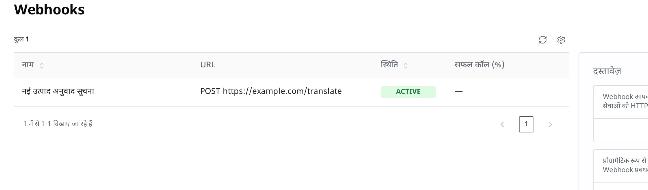 Webhook सूची में "नई उत्पाद अनुवाद सूचना" ACTIVE स्थिति में दिखने वाली स्क्रीन